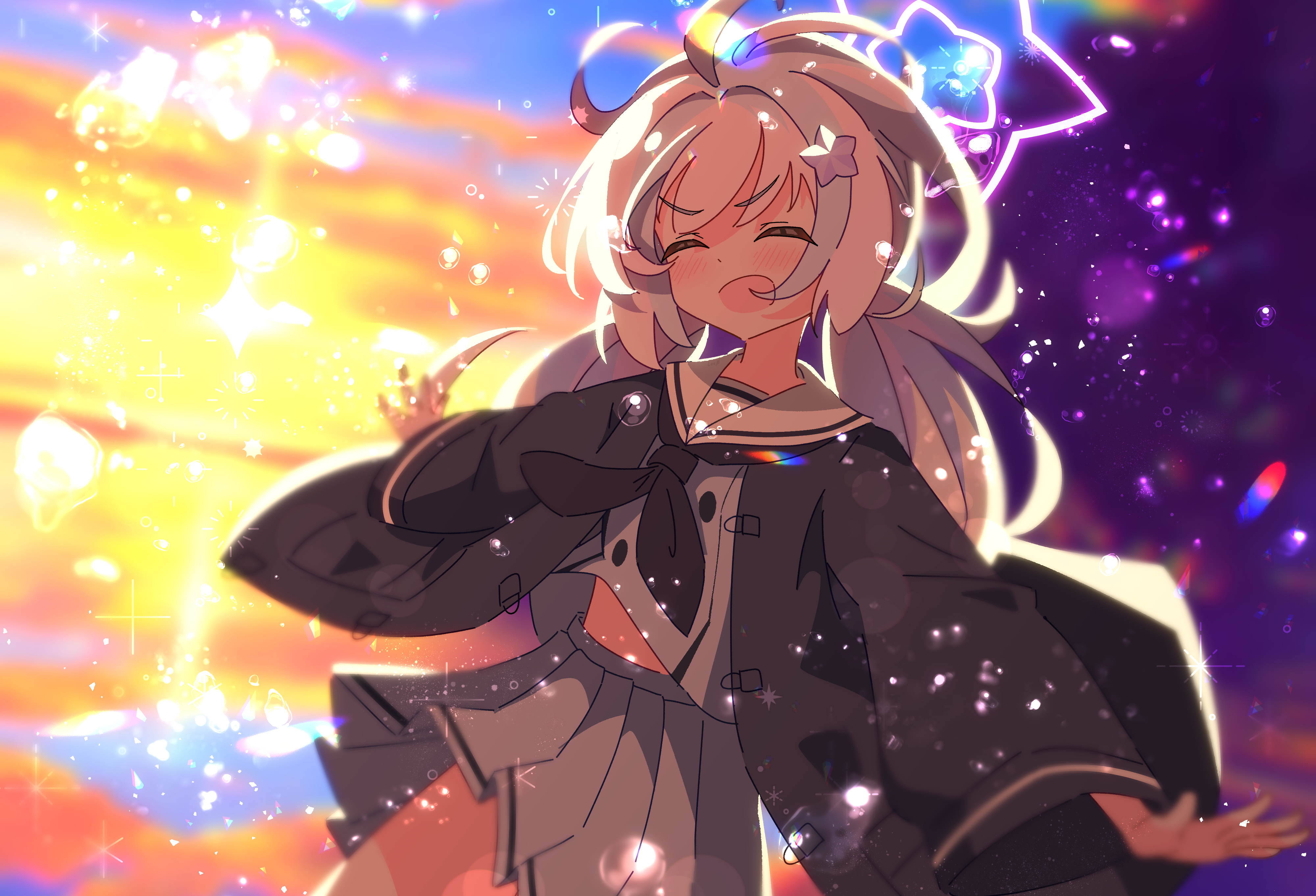 lee0fld, reisa (blue archive), blue archive, absurdres, highres, 1girl, blurry, blurry background, closed eyes, hair ornament, halo, happy, jacket, light particles, open mouth, outstretched arms, pink hair, pink halo, pleated skirt, reflection, reflective water, sailor collar, school uniform, skirt, sky, smile, star (symbol), star hair ornament, sunlight, sunset, wavy hair
