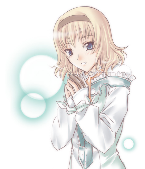 microspace, natalia luzu kimlasca lanvaldear, tales of (series), tales of the abyss, 00s, 1girl, blonde hair, blunt bangs, brown eyes, female focus, long sleeves, own hands together, princess, simple background, solo, upper body, white background