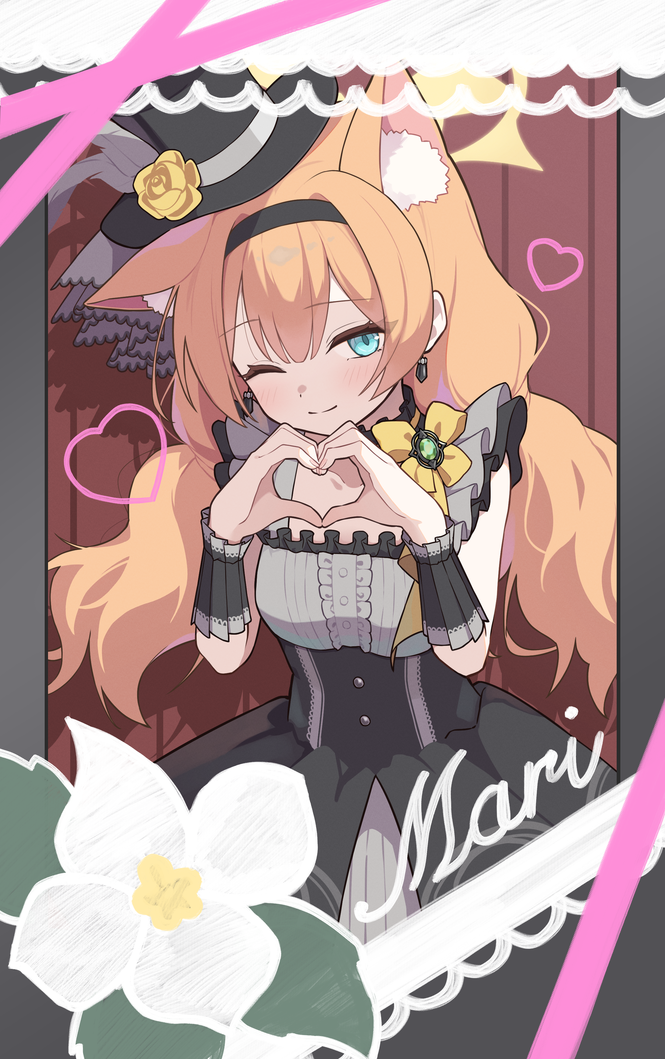 toki kimagure, mari (blue archive), mari (idol) (blue archive), blue archive, absurdres, highres, 1girl, animal ear fluff, animal ears, black hat, black skirt, blue eyes, blush, breasts, cat ears, cat girl, center frills, closed mouth, earrings, extra ears, frills, grey shirt, hat, heart, heart hands, high-waist skirt, jewelry, long hair, looking at viewer, low twintails, official alternate costume, official alternate hairstyle, orange hair, shirt, skirt, small breasts, smile, solo, twintails, wrist cuffs