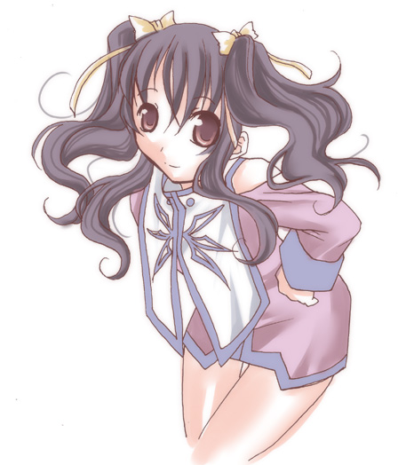 microspace, anise tatlin, tales of (series), tales of the abyss, 00s, 1girl, blush, female focus, long sleeves, looking at viewer, no pants, sidelocks, simple background, solo, tabard, thigh gap, twintails, white background