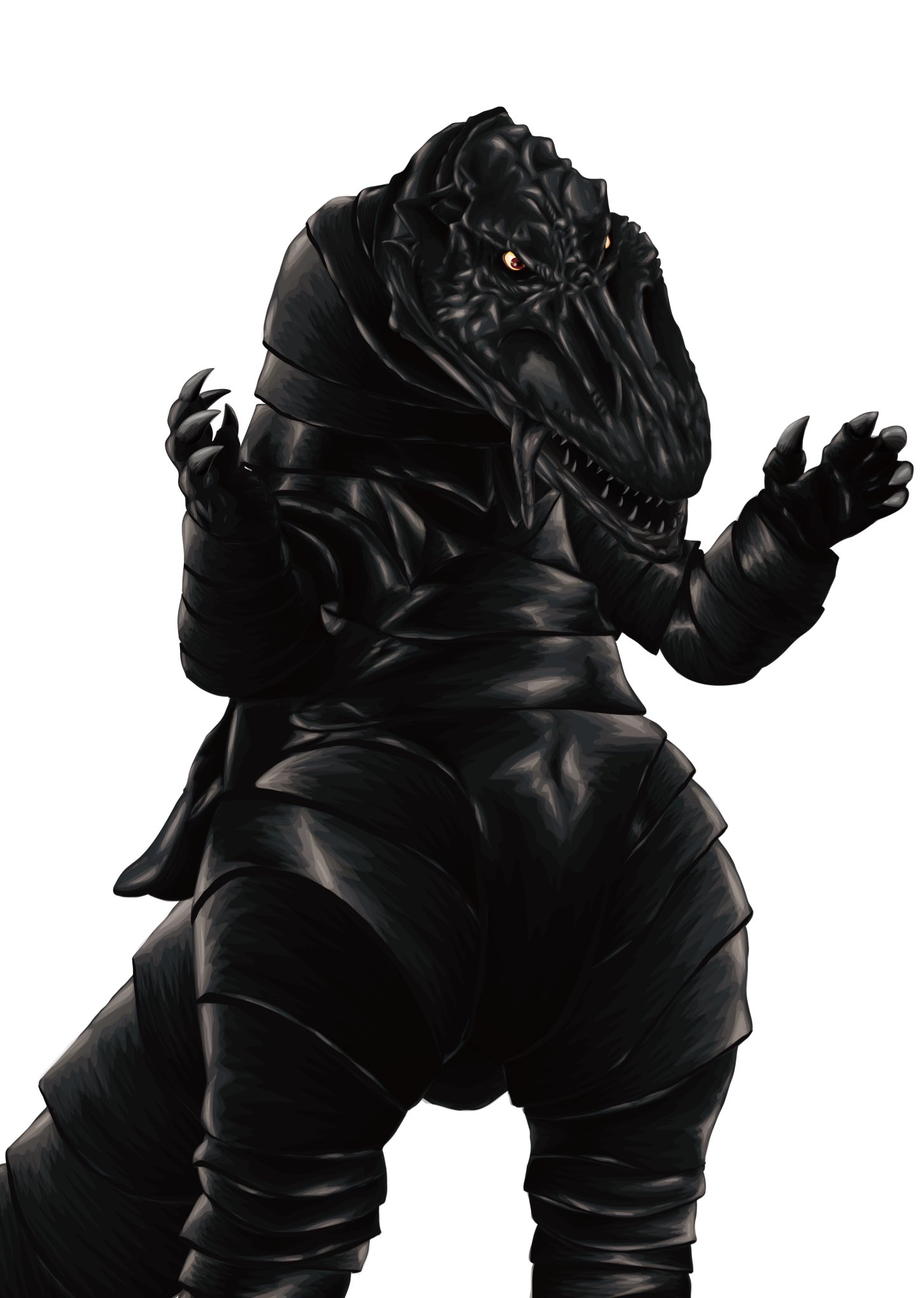 ultrataku, ultra series, ultraman: the ultimate hero, commentary, highres, black scales, black skin, black tongue, brown eyes, claws, colored sclera, colored skin, feet out of frame, hands up, kaiju, legs apart, looking ahead, monster, monster focus, no humans, parted lips, sharp teeth, simple background, solo, standing, tail, teeth, telesdon, tokusatsu, tongue, tongue out, white background, yellow sclera