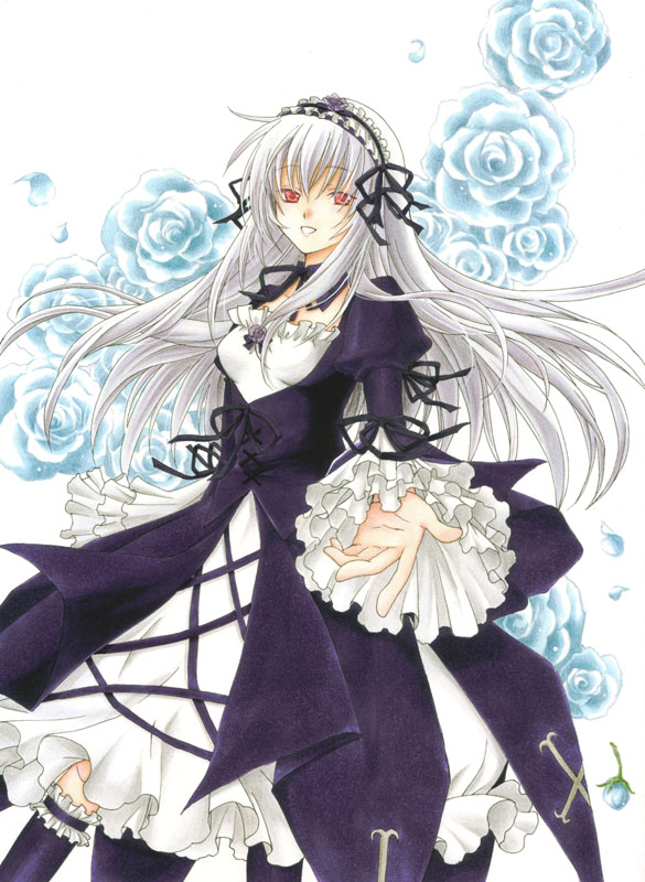trimcolor, suigintou, rozen maiden, silver hair, bad id, bad pixiv id, 00s, dress, flower, hairband, long hair, red eyes, smile, solo