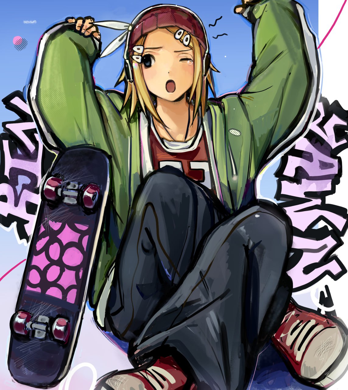kagamine rin, vocaloid, highres, 1girl, :o, arms up, baggy pants, beanie, black pants, blonde hair, blush, bow, bow headphones, casual, crossed ankles, denim, graffiti, green jacket, hair ornament, hairclip, hat, headphones, jacket, jeans, jersey, looking to the side, one eye closed, oversized jacket, pants, red hat, red shirt, red shoes, shirt, shoes, short hair, sitting, skateboard, sleeves past wrists, sneakers, solo, tearing up, white bow, yawning, zalupk228