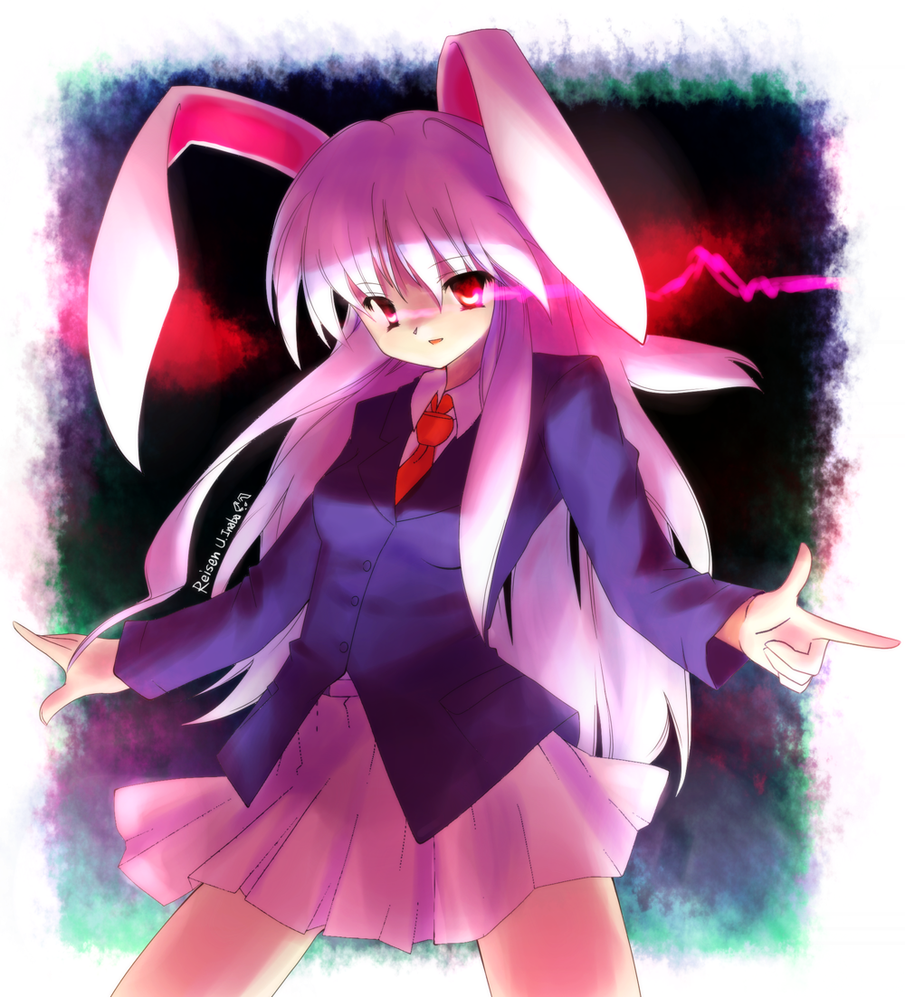 ikamagu, ikmg, reisen udongein inaba, touhou, 1girl, animal ears, double finger gun, female focus, finger gun, glowing, glowing eyes, rabbit ears, red eyes, solo