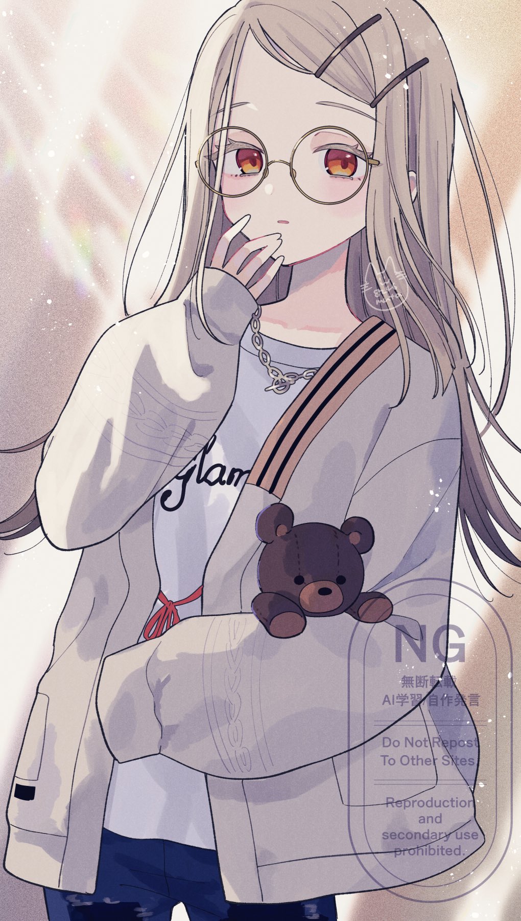 muta (82y 46p), shinosawa hiro, gakuen idolmaster, idolmaster, commentary request, highres, 1girl, bespectacled, blonde hair, blurry, blurry background, chain, chain necklace, clothes writing, collarbone, colored eyelashes, cowboy shot, denim, elbow carry, film grain, flipped hair, glasses, gradient hair, grey hair, grey jacket, hair ornament, hairclip, hand to own mouth, holding, holding stuffed toy, jacket, jewelry, light blush, long hair, long sleeves, looking at viewer, multicolored hair, necklace, open clothes, open jacket, orange eyes, pants, parallel hairclips, parted bangs, parted lips, shirt, solo, stuffed animal, stuffed toy, t-shirt, teddy bear, watermark, white shirt, wide sleeves