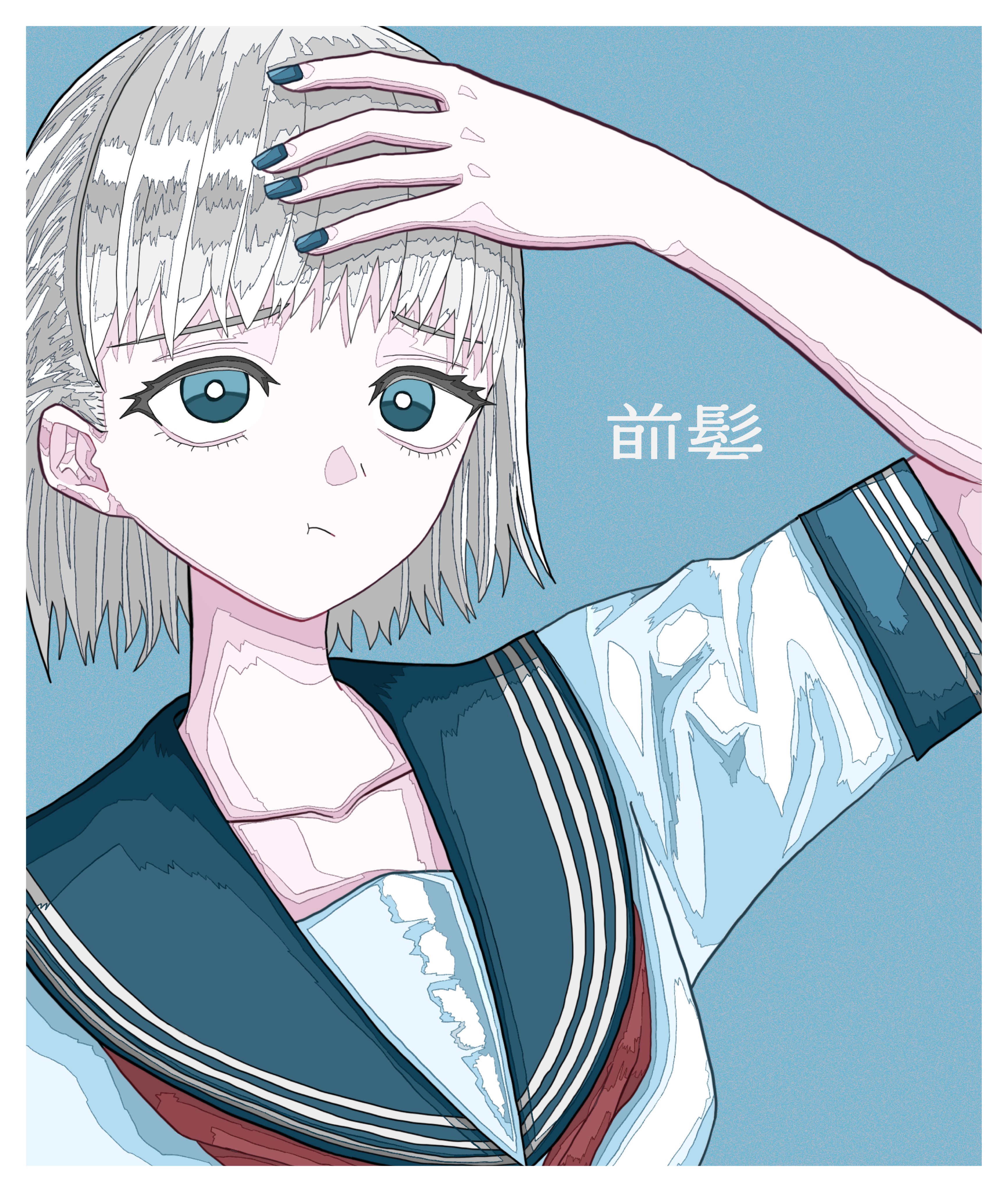 asada asahi, original, absurdres, commentary request, highres, translation request, 1girl, annoyed, blonde hair, blue background, blue eyes, blue nails, blue sailor collar, border, breasts, bright pupils, closed mouth, collarbone, eyelashes, hand on own head, hand up, looking at viewer, neckerchief, portrait, red neckerchief, sailor collar, school uniform, serafuku, shirt, short hair, short sleeves, simple background, small breasts, solo, white border, white pupils, white serafuku, white shirt