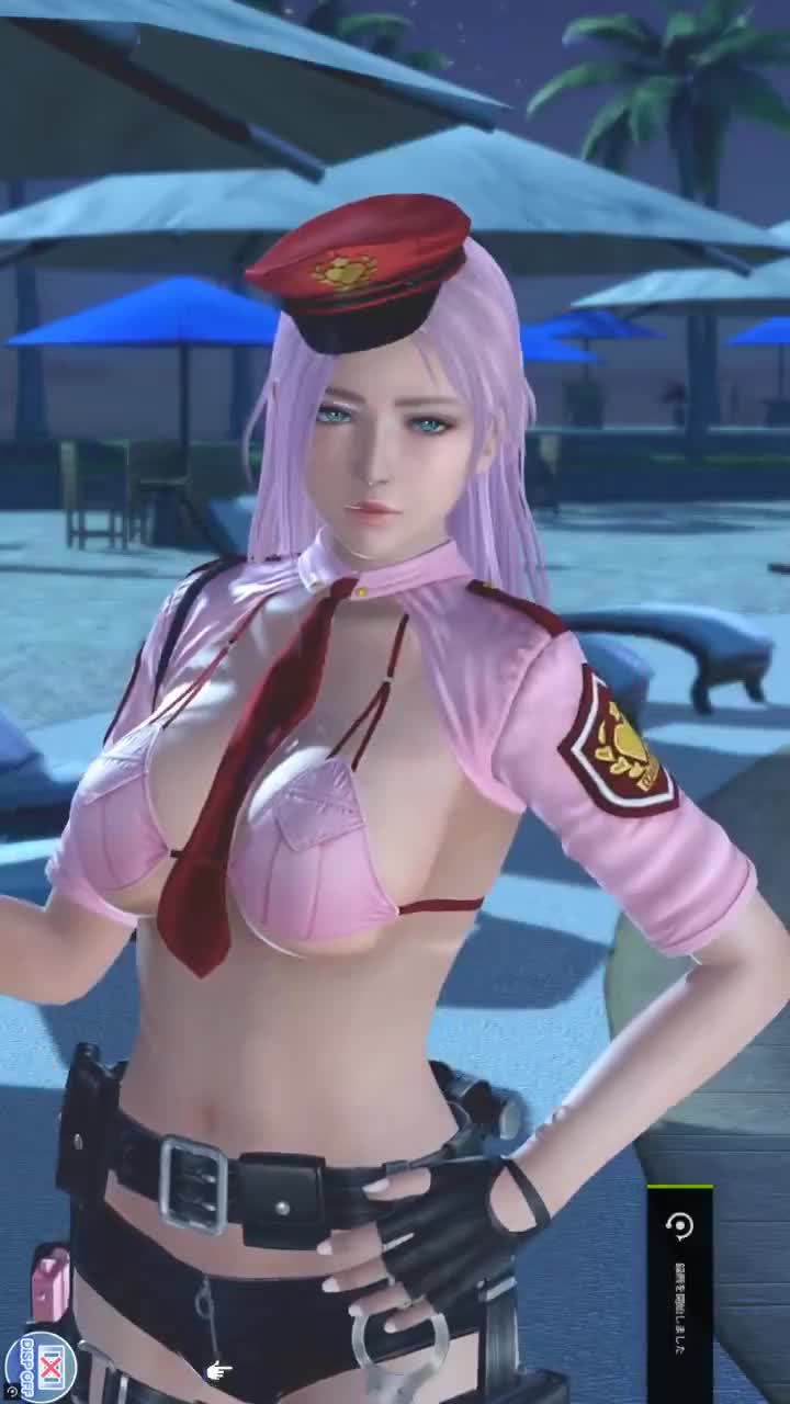 elise (doa), dead or alive, dead or alive xtreme, dead or alive xtreme venus vacation, animated, tagme, video, 1girl, 3d, between breasts, bikini, blue eyes, breasts, fingerless gloves, gloves, hat, long hair, looking at viewer, micro shorts, necktie, necktie between breasts, night, night sky, palm tree, police, police uniform, poolside, shorts, sky, swimsuit, tree, undressing