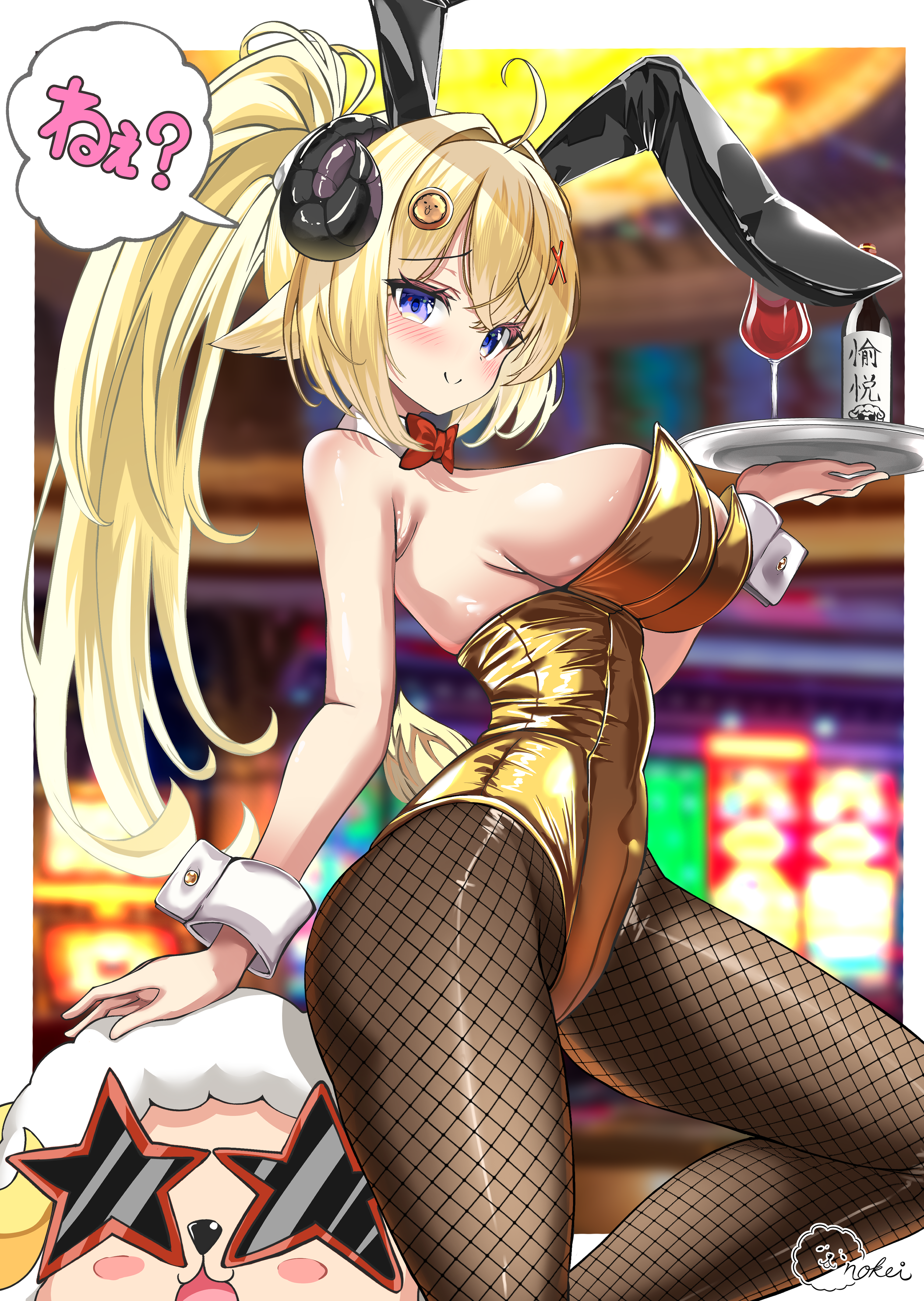 inokeiwd, tsunomaki watame, hololive, absurdres, highres, 1girl, animal ear hairband, animal ears, blonde hair, blurry, blurry background, blush, bottle, bow, bowtie, breasts, covered navel, cup, curled horns, detached collar, drinking glass, fake animal ears, fake tail, fishnet pantyhose, fishnets, hairband, highleg, highleg leotard, holding, holding tray, horns, large breasts, leotard, looking at viewer, pantyhose, playboy bunny, purple eyes, rabbit ear hairband, rabbit ears, rabbit tail, smile, solo, strapless, strapless leotard, tail, tray, virtual youtuber, wine bottle, wine glass, wrist cuffs