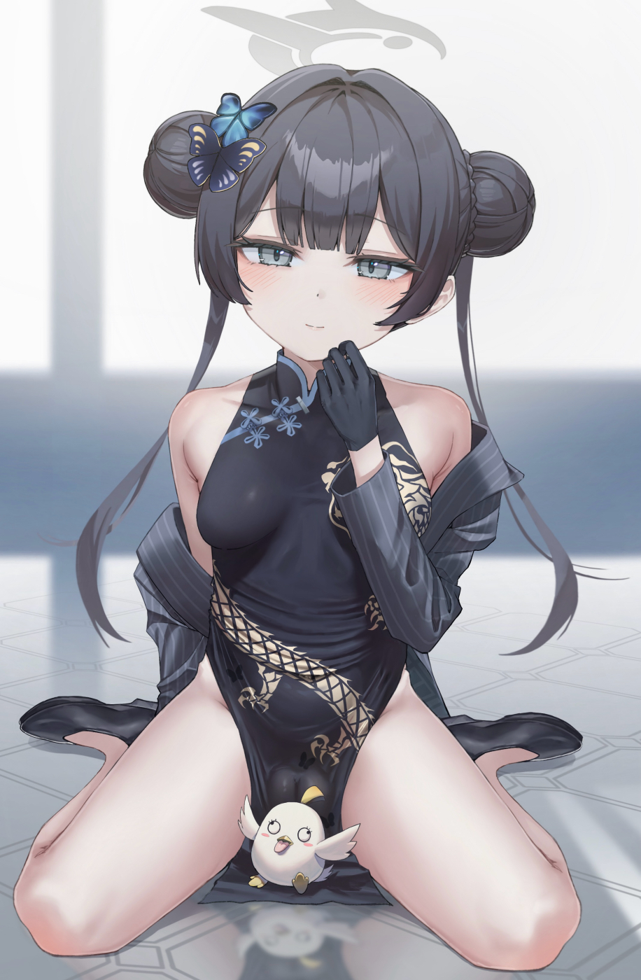no.054 (adar5857), kisaki (blue archive), peroro (blue archive), blue archive, highres, 1girl, black hair, breasts, butterfly hair ornament, china dress, chinese clothes, double bun, dress, grey eyes, grey halo, hair bun, hair ornament, halo, long hair, looking at viewer, simple background, sitting, small breasts, solo
