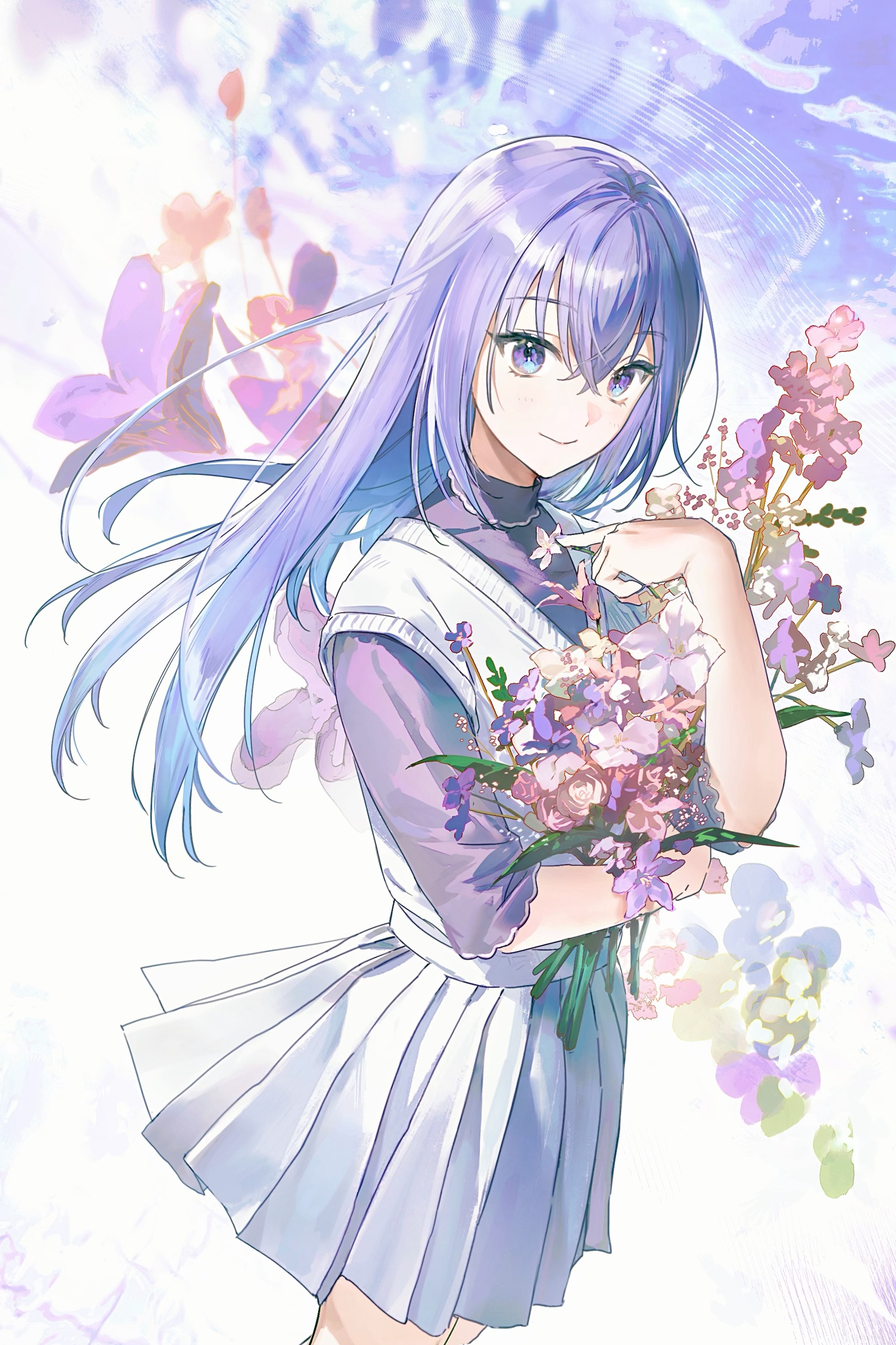qinglai haiji, suzuki hana, idolmaster, idolmaster shiny colors, absurdres, commentary, highres, md5 mismatch, 1girl, blue eyes, blue hair, bouquet, closed mouth, crossed bangs, flower, hair between eyes, heic-to-png conversion, holding, holding bouquet, long hair, looking at viewer, pink flower, pleated skirt, short sleeves, skirt, solo, vest, white skirt, white vest
