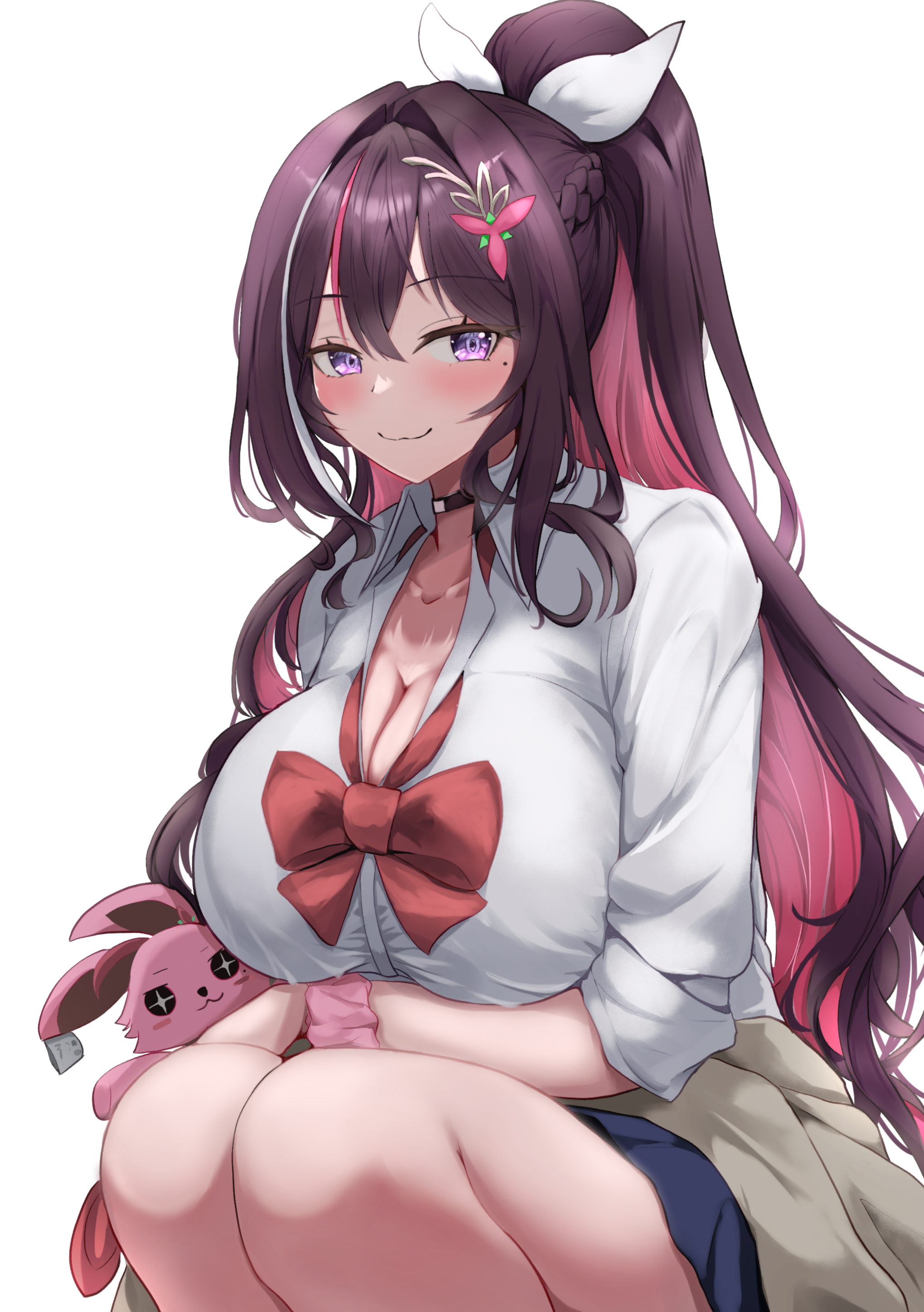 0806ohji, azki (hololive), pioneer (azki), hololive, absurdres, commentary request, highres, 1girl, alternate costume, arm under breasts, blue skirt, blush, bow, bowtie, braid, breasts, brown hair, cardigan, cardigan around waist, choker, cleavage, clothes around waist, collarbone, collared shirt, colored inner hair, flower hairpin, grey cardigan, gyaru, hair between eyes, hair bow, hair intakes, half up braid, high ponytail, holding, holding stuffed toy, large breasts, light smile, long hair, looking at viewer, miniskirt, mole, mole under eye, multicolored hair, pink hair, pink scrunchie, ponytail, purple eyes, red bow, red bowtie, school uniform, scrunchie, shirt, simple background, skirt, sleeves rolled up, solo, squatting, streaked hair, stuffed toy, three-quarter sleeves, virtual youtuber, white background, white shirt, wrist scrunchie