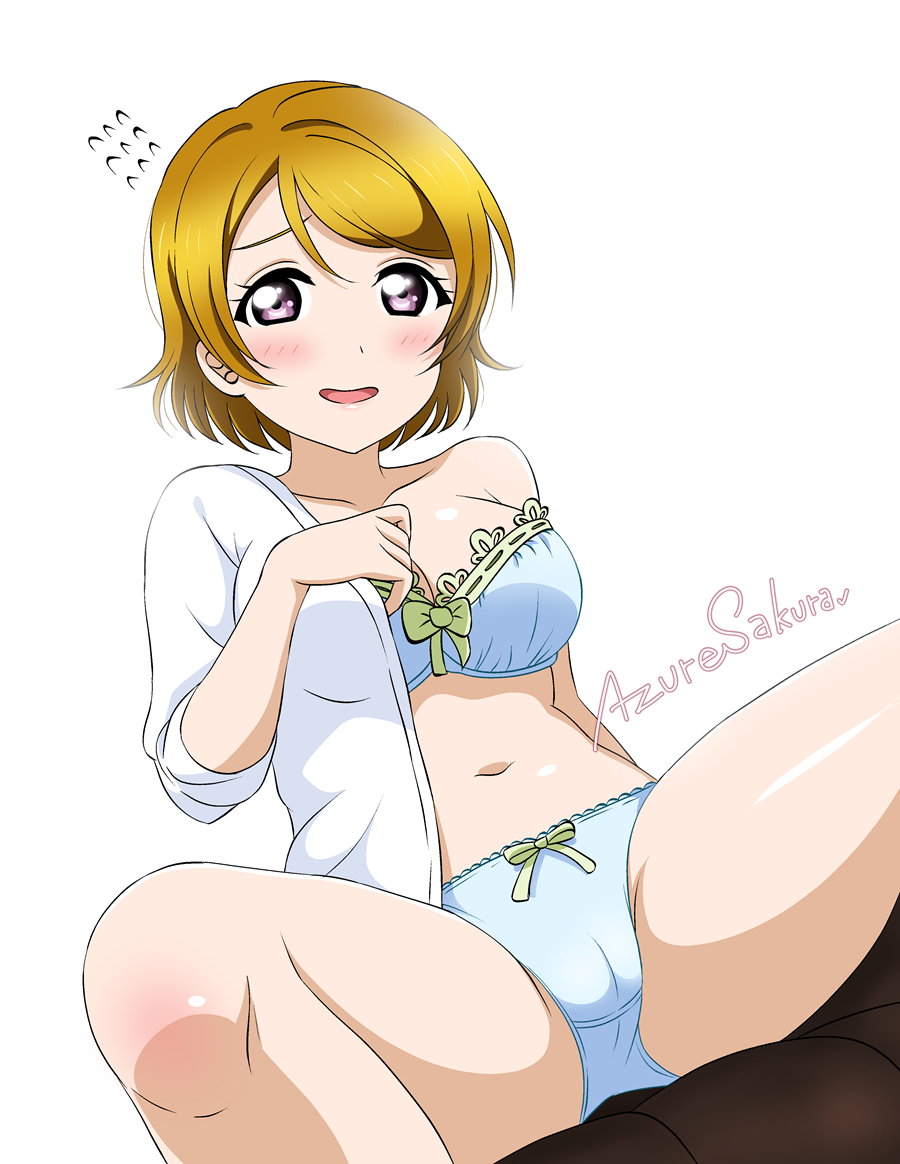 azuresakura, koizumi hanayo, love live!, 1girl, blue bra, blue panties, blush, bow, bow bra, bow panties, bra, breasts, cameltoe, large breasts, looking at viewer, navel, open clothes, panties, purple eyes, shirt, short hair, simple background, sitting, sleeves rolled up, smile, solo, spread legs, thighs, underwear, white background, white shirt