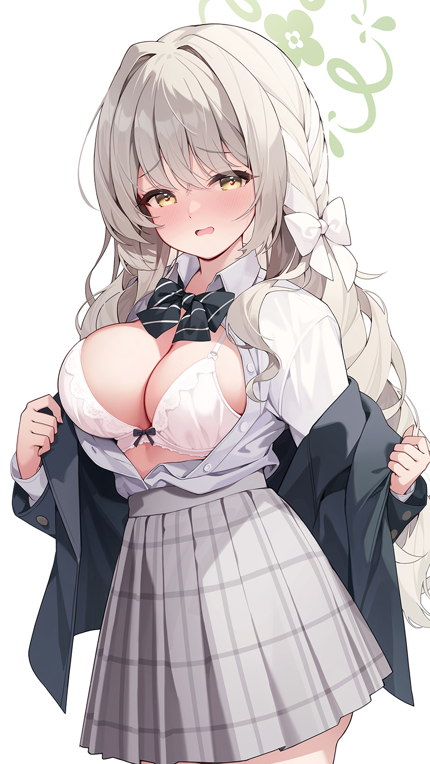 pinki o64, miyo (blue archive), blue archive, highres, 1girl, black bow, black jacket, blazer, blush, bow, bowtie, bra, braid, breasts, breasts out, brown eyes, cleavage, collared shirt, cowboy shot, diagonal-striped bow, diagonal-striped bowtie, diagonal-striped clothes, dot nose, frilled bra, frills, gluteal fold, green halo, grey hair, hair between eyes, hair bow, hair intakes, halo, high-waist skirt, jacket, large breasts, long hair, long sleeves, multicolored hair, open clothes, open mouth, open shirt, plaid clothes, plaid skirt, pleated skirt, ribbon-trimmed bra, ribbon trim, school uniform, shirt, skirt, solo, striped bow, striped bowtie, striped clothes, two-tone hair, underwear, undressing, wavy hair, white bra, white hair, white sleeves