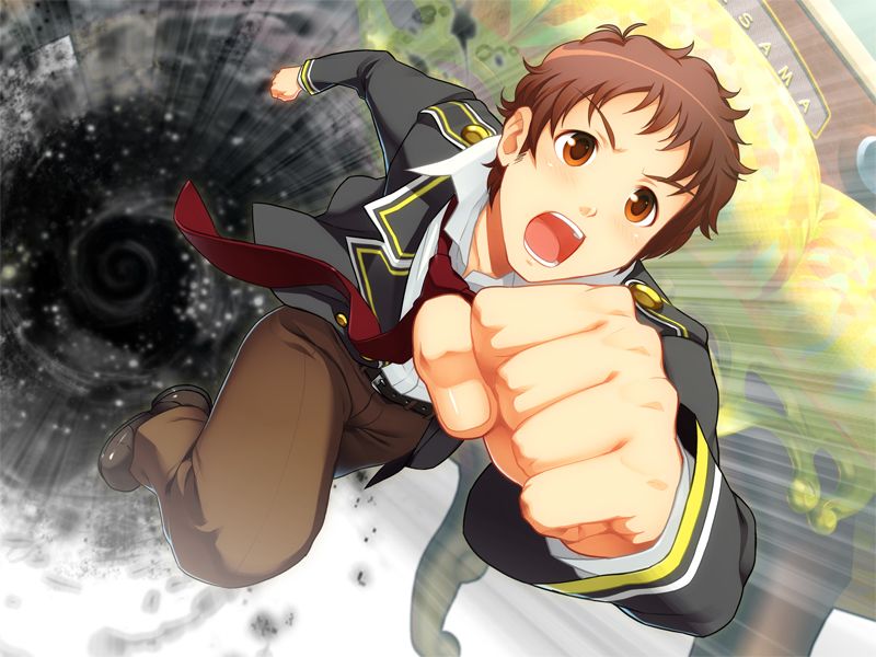 tagme, 1boy, brown hair, full body, male focus, necktie, running, school, school uniform, solo
