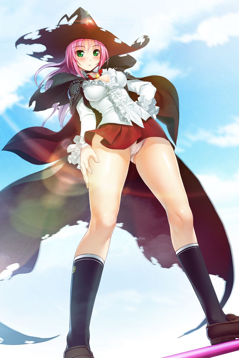 tsuji santa, spica (sumaga), nitroplus, sumaga, game cg, highres, jpeg artifacts, 1girl, breasts, cape, female focus, hat, large breasts, panties, pink hair, school uniform, skirt, socks, solo, underwear, upskirt, white panties, witch hat