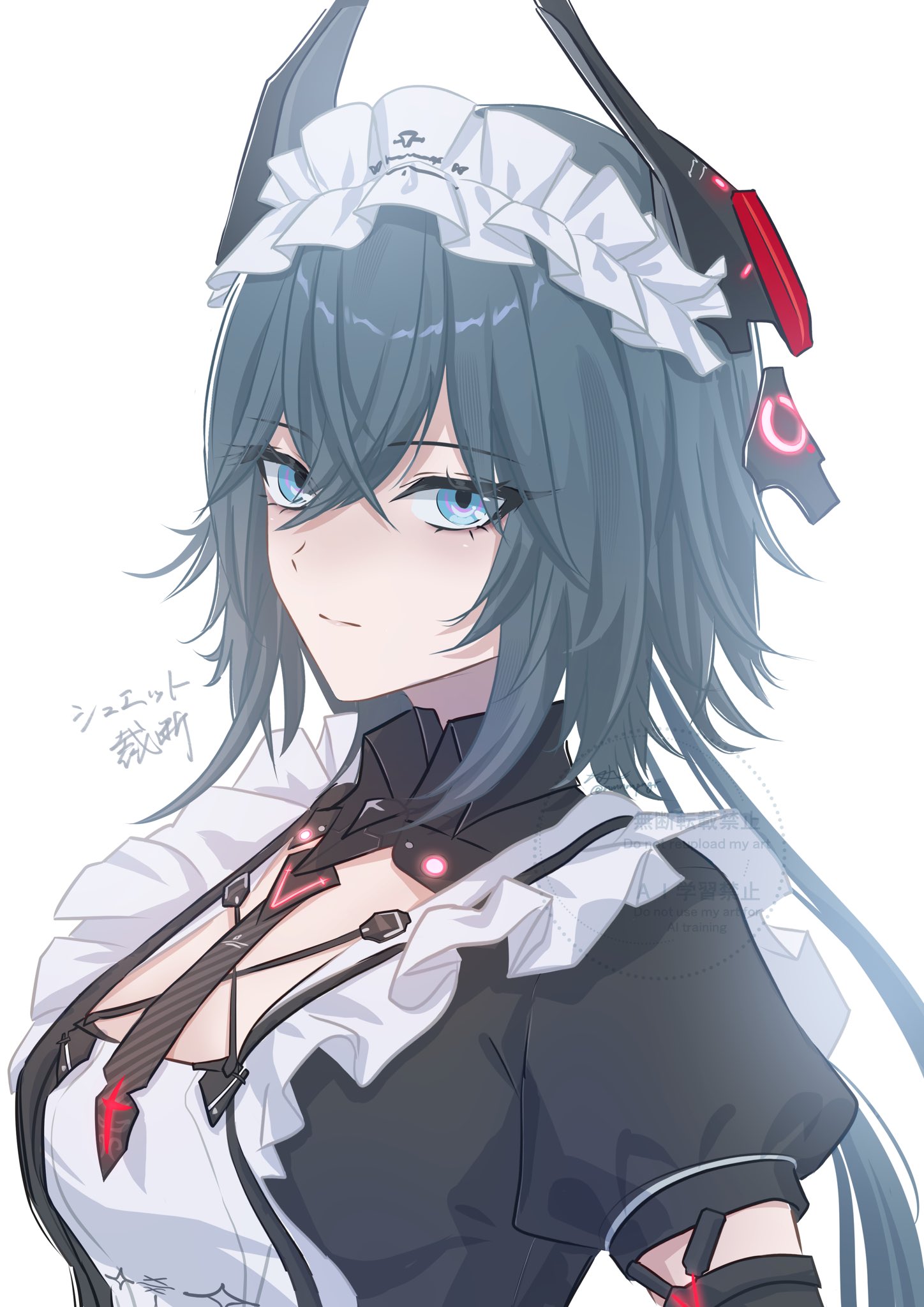 nmnmpngr, punishing: gray raven, commentary request, highres, 1girl, apron, black dress, black necktie, blue eyes, blue hair, breasts, closed mouth, crossed bangs, discord (pgr), dress, frilled apron, frills, hair between eyes, headgear, long hair, looking at viewer, maid, maid apron, maid headdress, mechanical collar, medium breasts, necktie, puffy sleeves, short sleeves, simple background, solo, upper body, watermark, white apron, white background