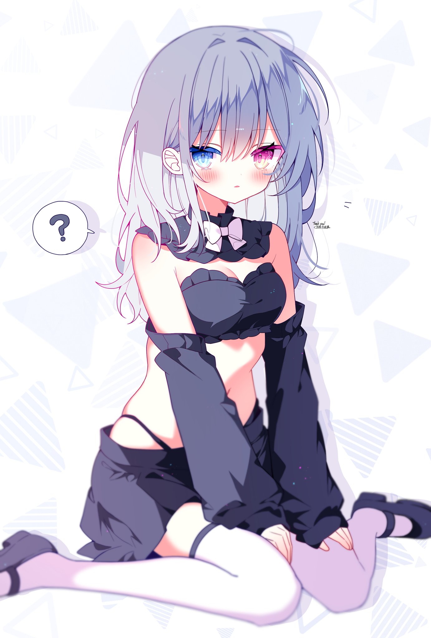 suisei 1121, original, commission, highres, skeb commission, 1girl, ?, black panties, black skirt, black tank top, blue eyes, breasts, detached collar, detached sleeves, grey hair, heterochromia, highleg, highleg panties, long sleeves, navel, panties, red eyes, sitting, skirt, small breasts, tank top, thighhighs, underwear, wariza, white thighhighs