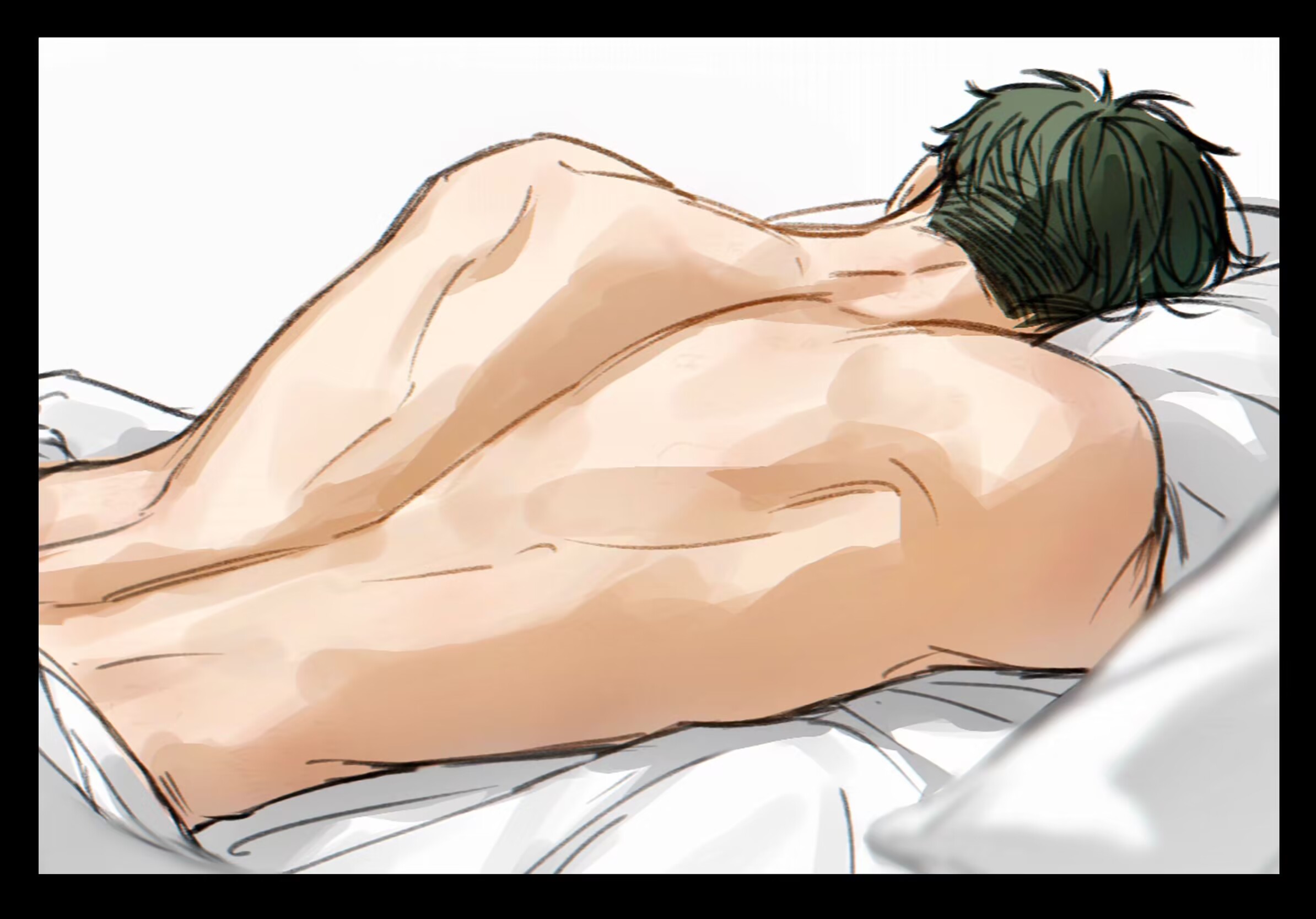 sil baswaste, ushijima wakatoshi, haikyuu!!, commentary, highres, 1boy, back, back focus, bed sheet, black border, border, green hair, male focus, nape, nude, on bed, pillow, simple background, solo, white background