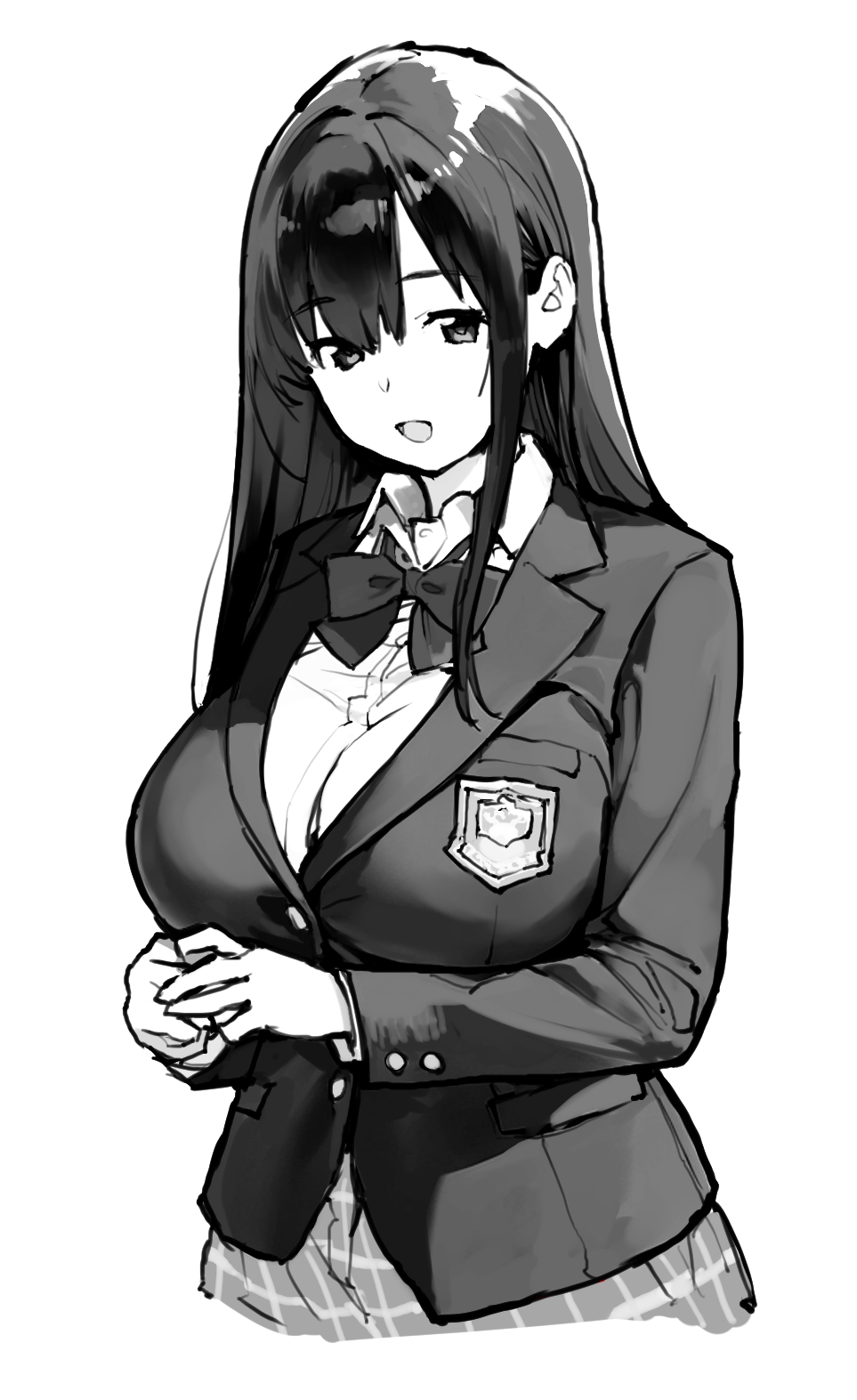 tamahagane, highres, 1girl, blazer, bow, bowtie, breasts, collared shirt, greyscale, hair between eyes, head tilt, huge breasts, jacket, long hair, long sidelocks, long sleeves, looking at viewer, manbiki jk wa mizukara ori ni hairu, monochrome, open mouth, plaid clothes, plaid skirt, pleated skirt, school uniform, shinozaki sayoko (manbiki jk), shirt, sidelocks, simple background, sketch, skirt, smile, solo, straight hair, tareme, upper body, white background
