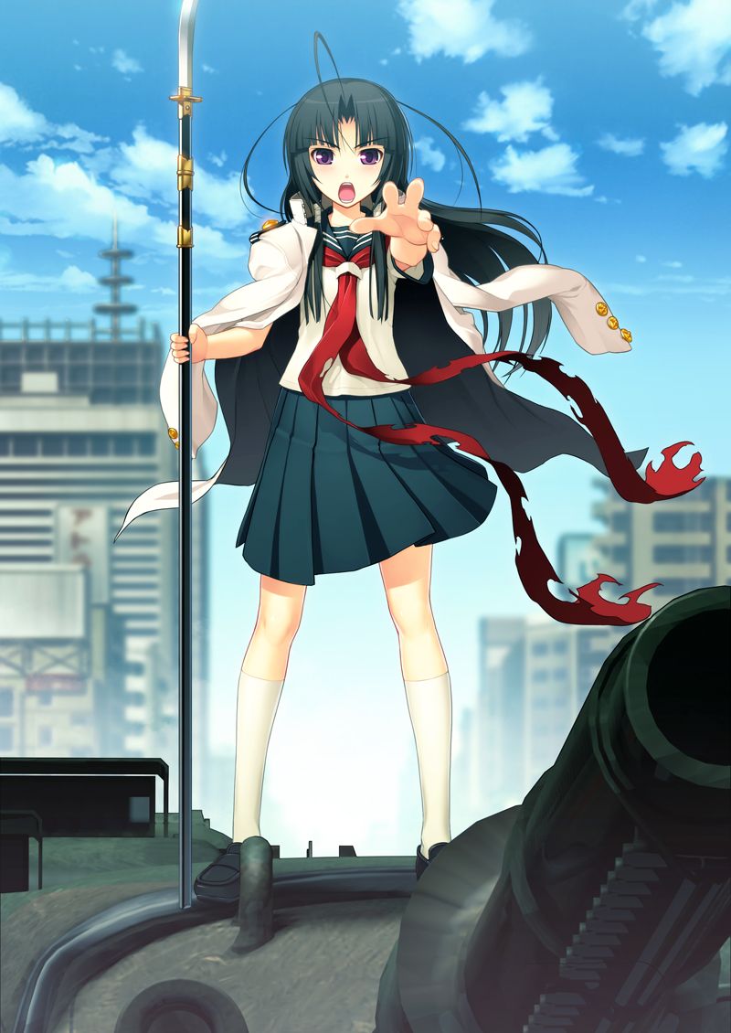 tsuji santa, oki kiki, nitroplus, sumaga, game cg, non-web source, 1girl, ahoge, antenna hair, black hair, female focus, flat chest, long hair, naginata, polearm, purple eyes, school uniform, solo, weapon