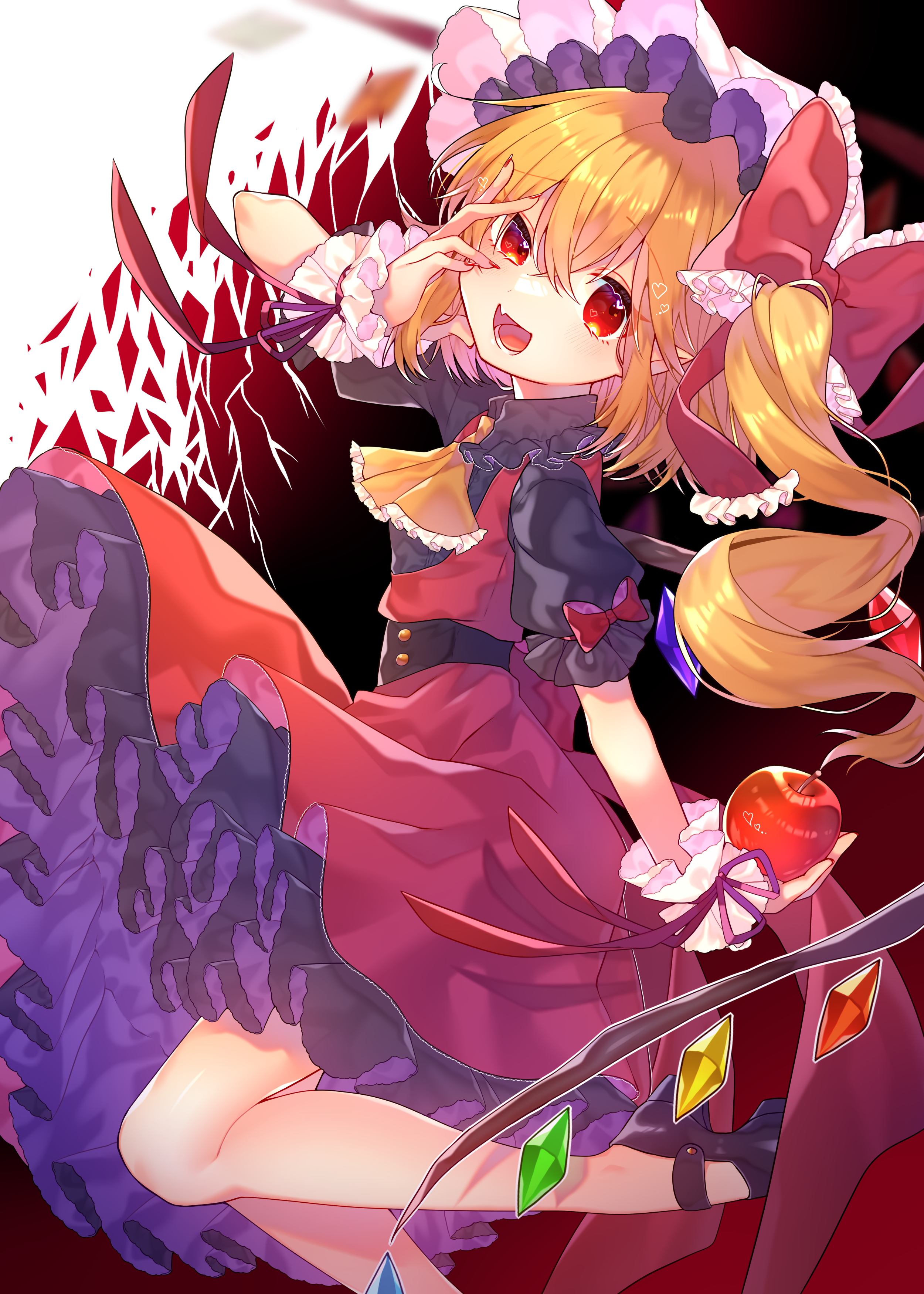 renka (sutegoma25), flandre scarlet, touhou, absurdres, highres, 1girl, alternate costume, apple, ascot, black shirt, blonde hair, crystal wings, dress, fang, food, frilled dress, frilled sleeves, frills, fruit, hat, holding, holding food, holding fruit, looking at viewer, mob cap, one side up, red dress, red eyes, shirt, short sleeves, skin fang, smile, solo, wings, wrist cuffs, yellow ascot