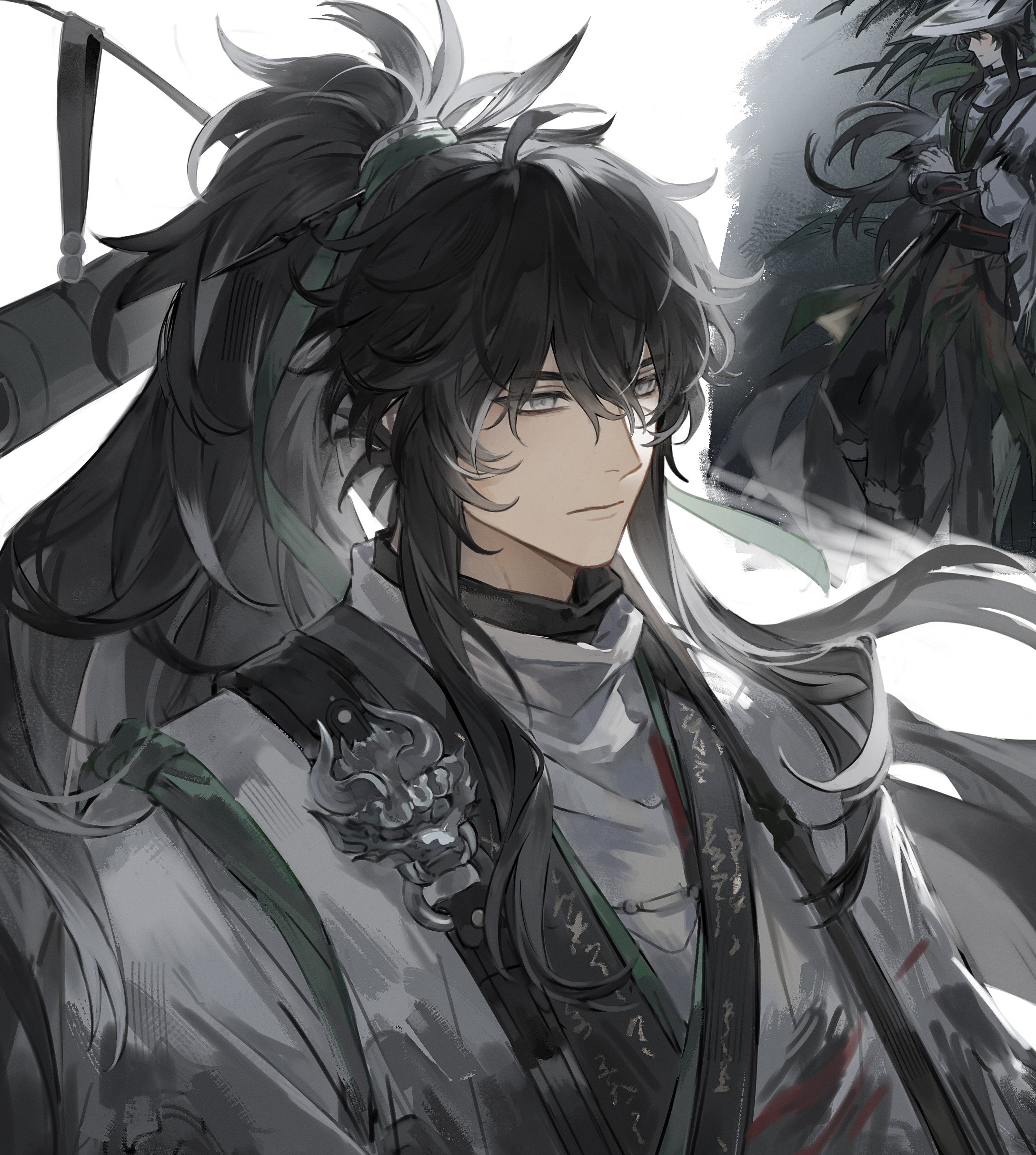 qiuyuan (wuthering waves), wuthering waves, absurdres, hashtag-only commentary, highres, 1boy, black hair, chinese clothes, closed mouth, green ribbon, hair between eyes, hair ornament, hair ribbon, hair stick, long hair, male focus, muhan012, ponytail, ribbon, sidelocks, simple background, upper body, white background