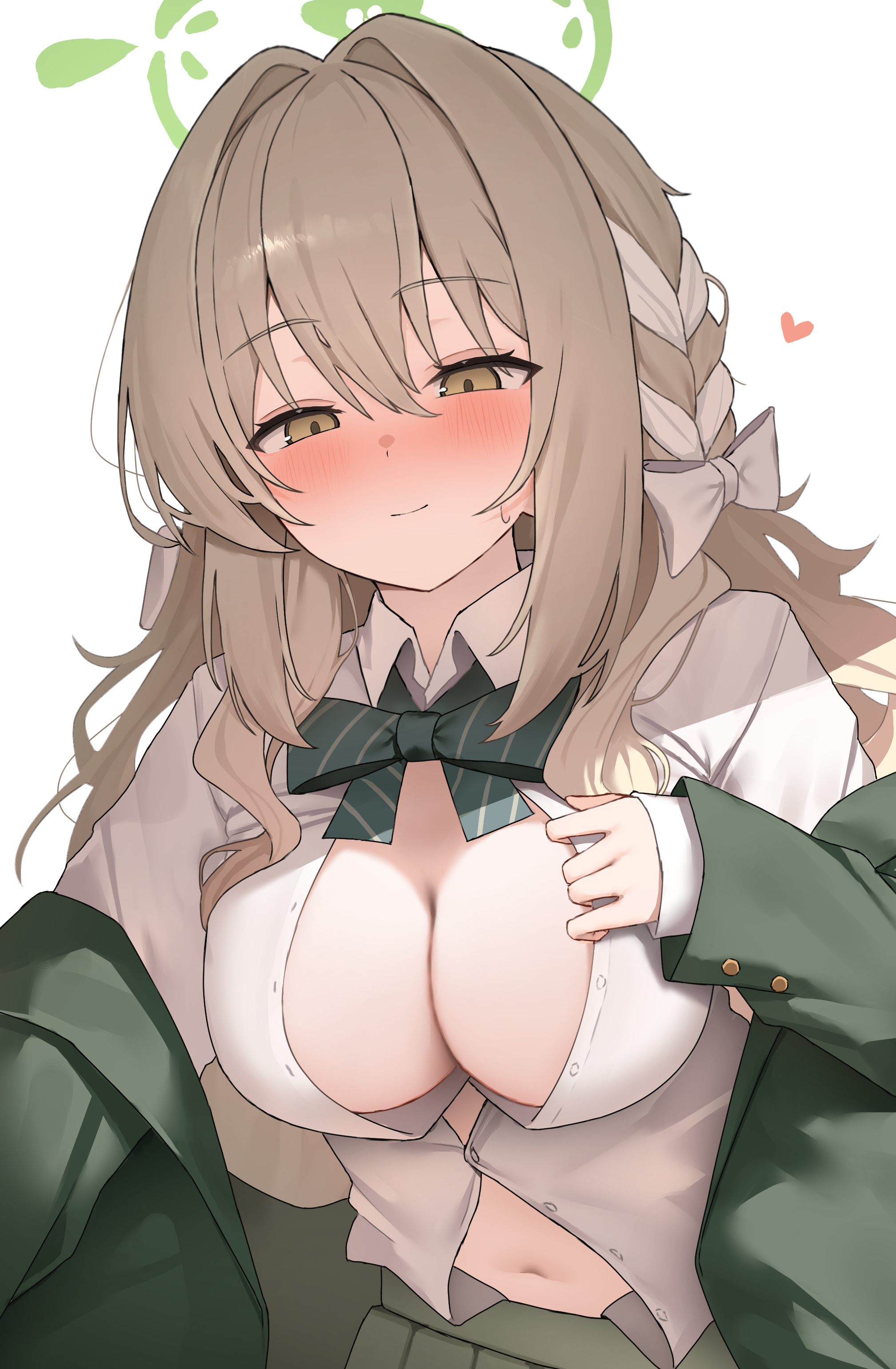 koba (kobako42), miyo (blue archive), blue archive, absurdres, highres, 1girl, blush, bow, braid, breasts, brown eyes, brown hair, cleavage, closed mouth, diagonal-striped bow, green bow, green halo, green jacket, green skirt, hair between eyes, hair bow, halo, jacket, large breasts, long hair, navel, no bra, open clothes, open jacket, open shirt, skirt, smile, solo, striped bow, white bow
