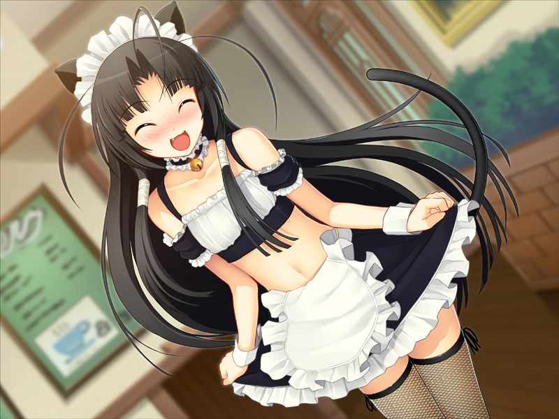 tsuji santa, oki kiki, sumaga, game cg, 1girl, animal ears, arm garter, bell, black hair, blunt bangs, blush, cat ears, cat tail, child, choker, closed eyes, embarrassed, female focus, fishnet thighhighs, fishnets, flat chest, long hair, maid, maid headdress, midriff, navel, neck bell, open mouth, skirt, smile, solo, standing, tail, thighhighs, wrist cuffs, zettai ryouiki