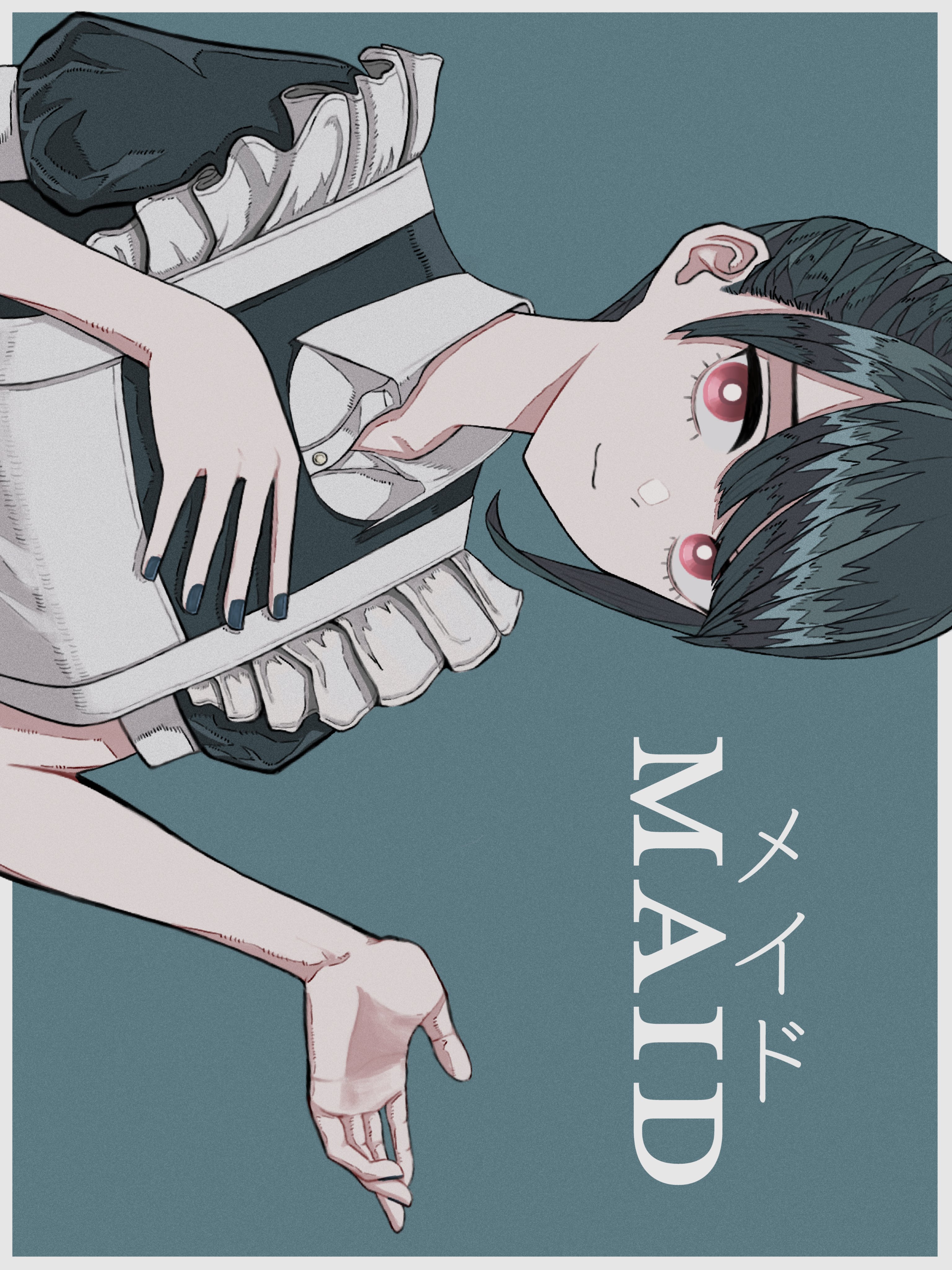 asada asahi, original, absurdres, commentary, highres, 1girl, :3, apron, black dress, black hair, black nails, border, breasts, bright pupils, closed mouth, collar, dot nose, dress, english text, eyelashes, frills, grey background, hand on own chest, hand up, looking at viewer, maid, maid apron, medium hair, outside border, panties, portrait, puffy short sleeves, puffy sleeves, red eyes, short sleeves, sideways, simple background, single sidelock, small breasts, smile, solo, underwear, white border, white collar, white panties, white pupils