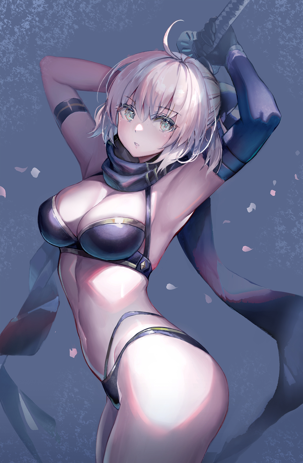 suishougensou, okita j. souji (fate), okita j. souji (first ascension) (fate), okita souji (fate), fate/grand order, fate (series), highres, revision, 1girl, ahoge, armpits, arms up, bikini, black bikini, breasts, elbow gloves, gloves, grey background, holding, holding sword, holding weapon, katana, medium breasts, petals, scarf, single elbow glove, solo, swimsuit, sword, weapon