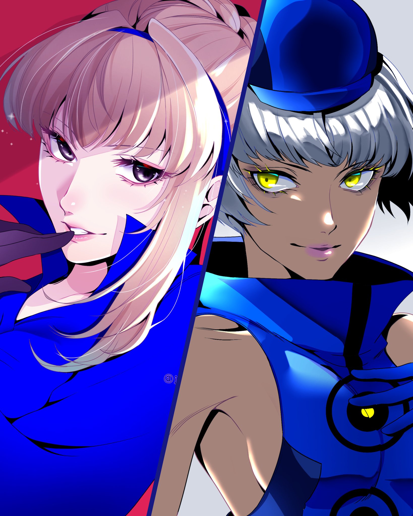 inuha dayo52, elizabeth (persona), merope (p5x), persona, persona 3, persona 5, persona 5: the phantom x, commentary, english commentary, highres, 2girls, bare shoulders, blonde hair, blue dress, blue gloves, blue hairband, blue hat, blunt bangs, breasts, dress, fingers to mouth, gloves, grey hair, hair intakes, hairband, hand on own chest, hat, high collar, large breasts, light particles, long sleeves, looking at viewer, multiple girls, parted lips, pink background, pink lips, purple eyes, purple gloves, short hair, sideboob, single sidelock, sleeveless, sleeveless dress, split theme, white background, yellow eyes
