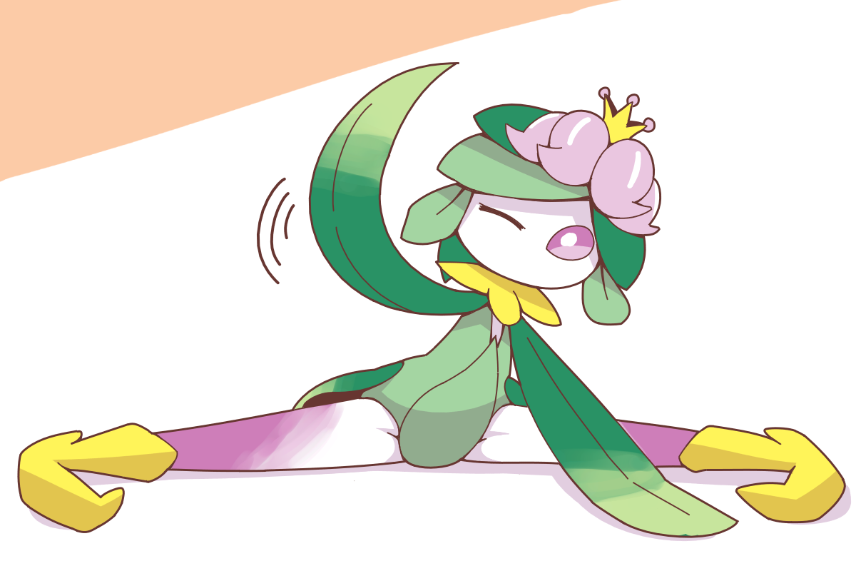 crepix, hisuian lilligant, nintendo, pokemon, 1girl, arm up, colored sclera, colored skin, crown, female focus, flat chest, flower, green hair, green leotard, hair flower, hair ornament, leaning to the side, legs, leotard, mini crown, monster girl, motion lines, multicolored skin, no mouth, one eye closed, plant girl, pokemon (creature), purple flower, purple sclera, purple skin, shoes, short hair, side sitting split, sidelocks, simple background, solo, spread legs, stretching, thighs, two-tone skin, white background, white eyes, white skin, yellow crown, yellow shoes