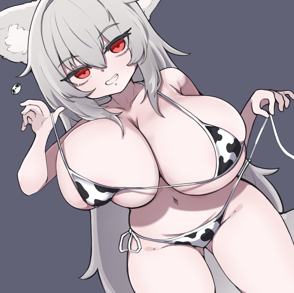 sae art, 1girl, animal ears, bikini, breasts, cow print, cow print bikini, grey hair, huge breasts, orange eyes, print bikini, simple background, swimsuit