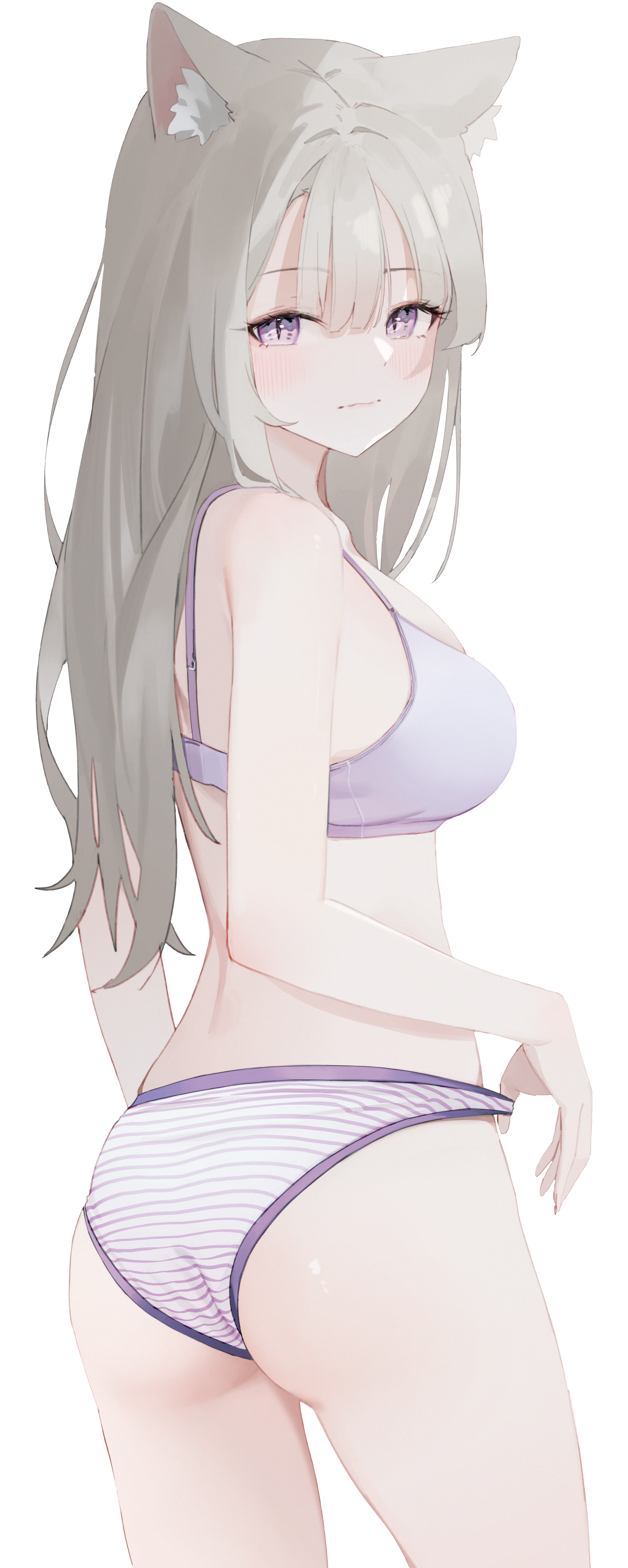 bbul horn, original, absurdres, highres, 1girl, animal ears, ass, bra, cat ears, cowboy shot, long hair, panties, purple bra, purple eyes, solo, standing, striped clothes, striped panties, underwear, underwear only, white background, white panties