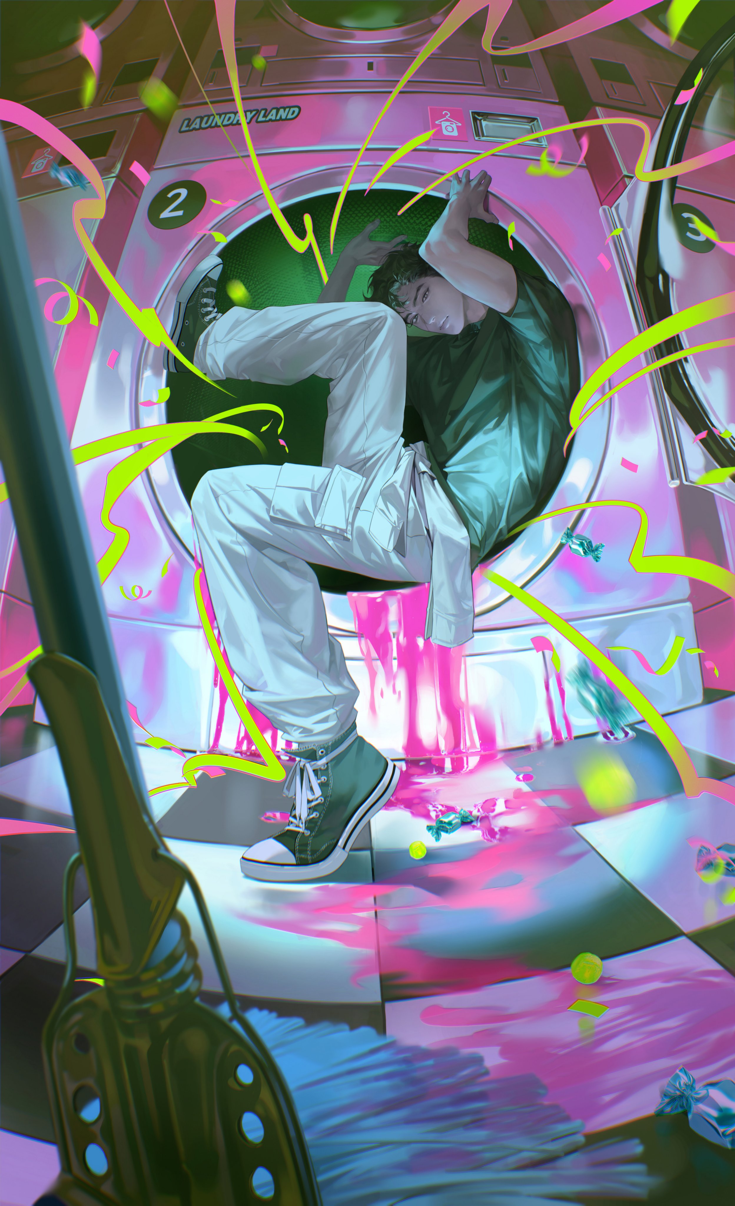 or0loi, converse, original, absurdres, commentary request, highres, korean commentary, 1boy, arms up, black hair, in washing machine, laundromat, laundry, lips, looking at viewer, male focus, nose, pants, short hair, solo, white pants