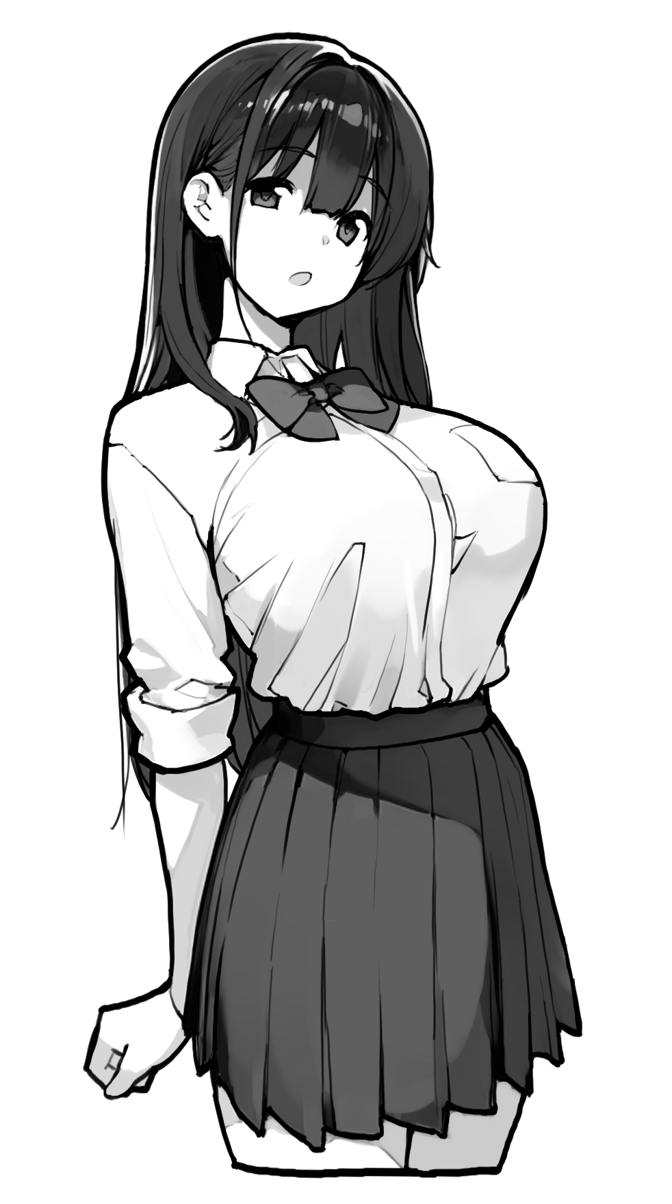 tamahagane, highres, 1girl, :o, arms behind back, bow, bowtie, breasts, clenched hand, collared shirt, cowboy shot, greyscale, head tilt, huge breasts, long hair, long sidelocks, long sleeves, looking at viewer, manbiki jk wa mizukara ori ni hairu, miniskirt, monochrome, open mouth, pleated skirt, school uniform, shinozaki sayoko (manbiki jk), shirt, sidelocks, simple background, skirt, sleeves rolled up, solo, straight hair, tareme, tented shirt, white background