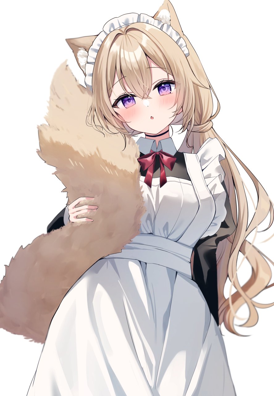 hamico, original, commentary request, highres, 1girl, :o, animal ear fluff, animal ears, apron, black dress, blonde hair, blush, bow, bowtie, cowboy shot, double-parted bangs, dress, fox ears, fox girl, fox tail, hair between eyes, holding own tail, juliet sleeves, long hair, long sleeves, looking at viewer, maid, maid headdress, open mouth, puffy sleeves, purple eyes, red bow, red bowtie, simple background, solo, tail, white apron, white background