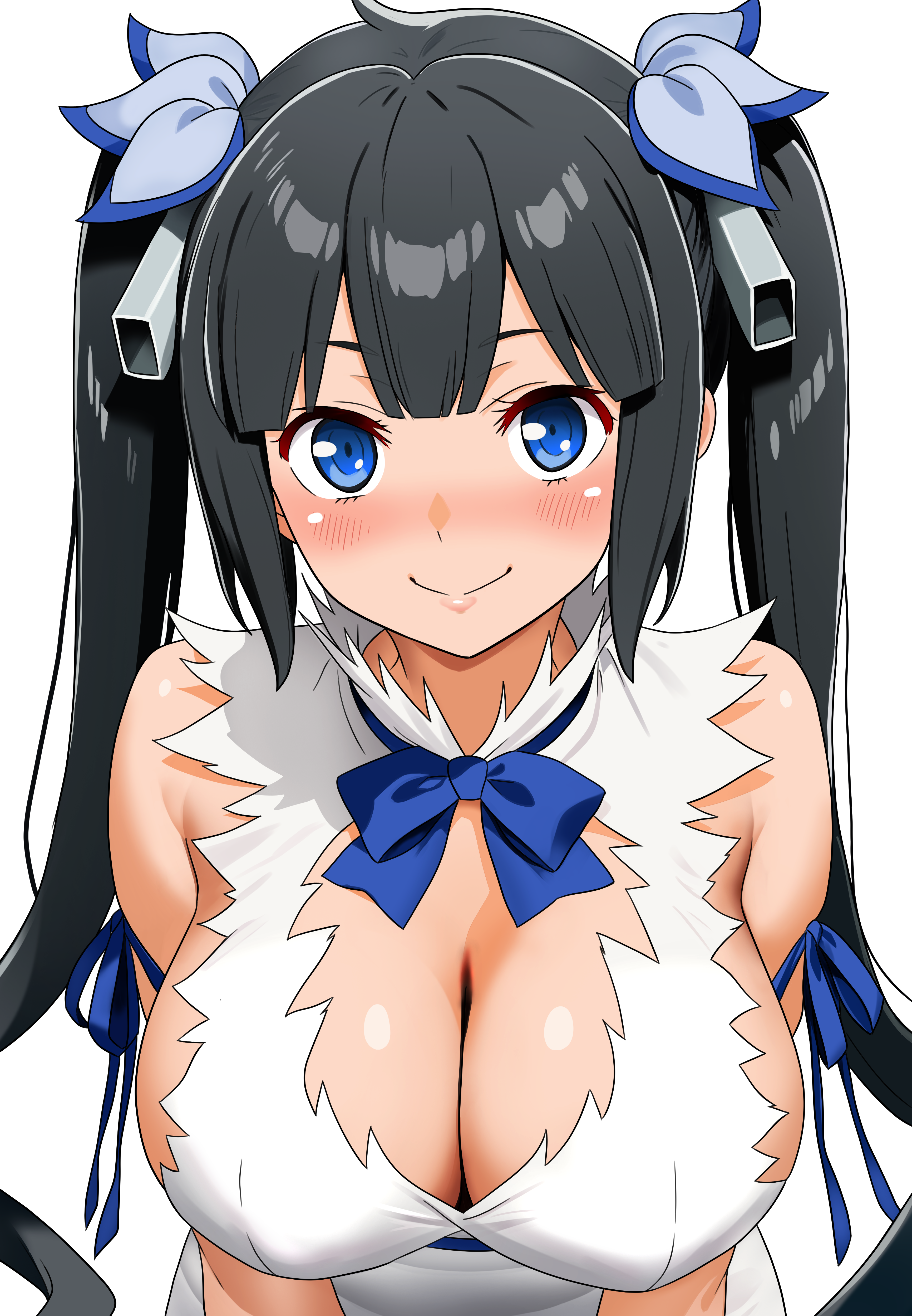 igarashi gozo, hestia (danmachi), dungeon ni deai wo motomeru no wa machigatteiru darou ka, absurdres, highres, 1girl, bare shoulders, black hair, blue eyes, blue ribbon, blush, breasts, cleavage, cleavage cutout, closed mouth, clothing cutout, dress, large breasts, long hair, looking at viewer, neck ribbon, rei no himo, ribbon, shiny skin, simple background, sleeveless, sleeveless dress, smile, solo, twintails, upper body, white background, white dress