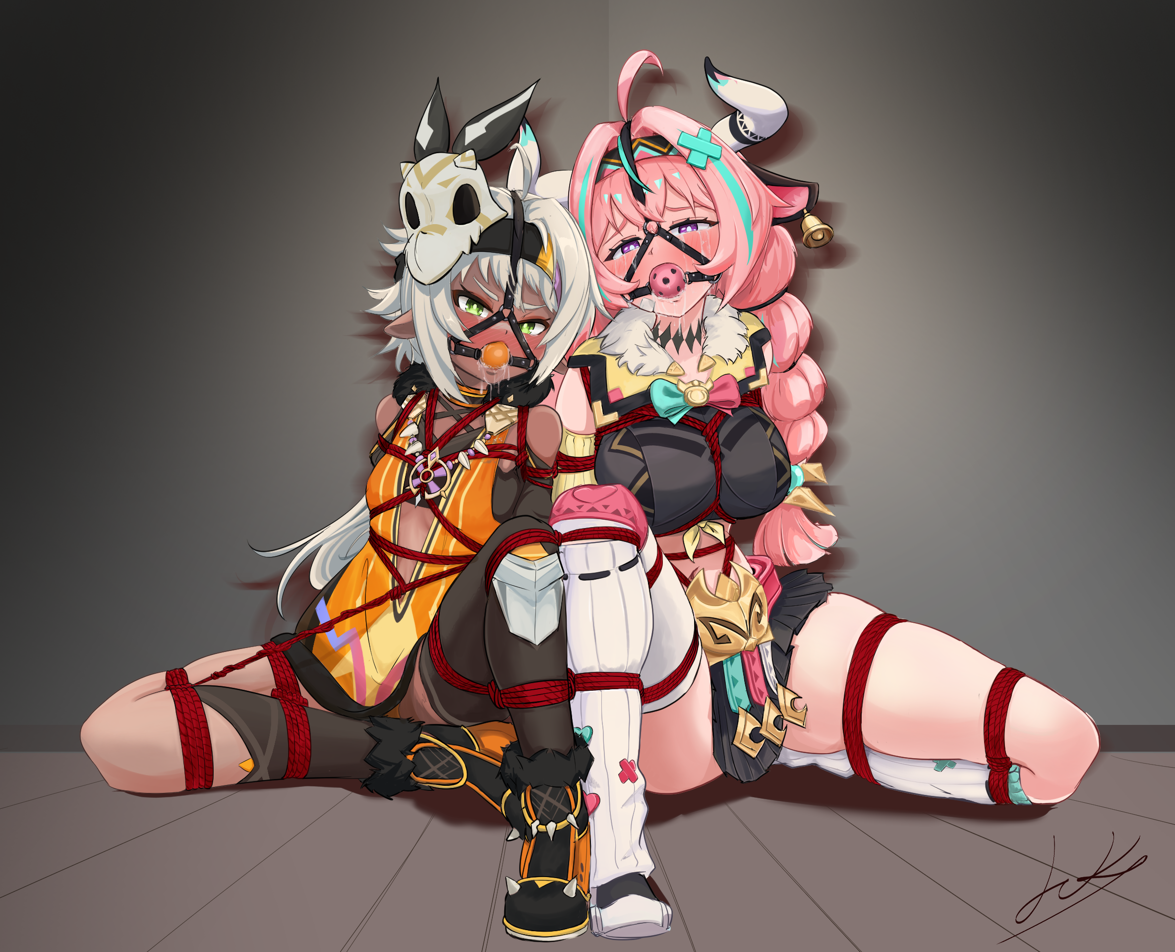dr.k (anonym), iansan (genshin impact), varesa (genshin impact), genshin impact, highres, second-party source, 2girls, ahoge, animal ears, ball gag, bdsm, blush, bondage, bound, bound together, braid, breasts, cow ears, cow horns, dark-skinned female, dark skin, drooling, ear bell, frogtie, gag, gagged, green eyes, grey hair, hairband, horns, large breasts, long hair, midriff, multiple girls, navel, pink hair, pointy ears, purple eyes, red rope, rope, shibari, shibari over clothes, signature, skull on head, small breasts, tears, twin braids