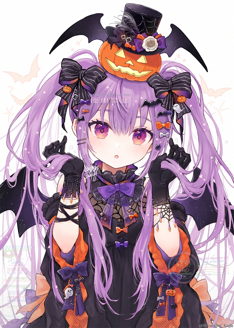 shiromine kana, original, commentary request, 1girl, :o, black bow, black dress, black gloves, black hat, blush, bow, bowtie, dress, gloves, hair bow, halloween, hands up, hat, jack-o'-lantern, long hair, long sleeves, looking at viewer, open mouth, purple bow, purple bowtie, purple hair, simple background, solo, striped bow, top hat, twintails, upper body, white background, winged hat