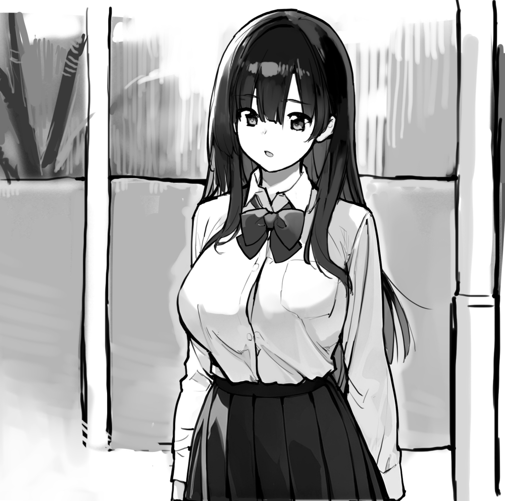 tamahagane, 1girl, :o, bow, bowtie, breasts, collared shirt, cowboy shot, greyscale, hair between eyes, huge breasts, indoors, long hair, long sidelocks, long sleeves, manbiki jk wa mizukara ori ni hairu, monochrome, open mouth, pleated skirt, school uniform, shinozaki sayoko (manbiki jk), shirt, sidelocks, sketch, skirt, solo, standing, straight hair, tareme, tented shirt, very long hair