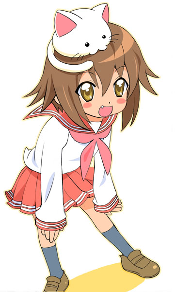 minatoyui, kusakabe misao, nyamou, yoshimizu kagami (cat), lucky star, bad id, bad pixiv id, 00s, 1girl, animal, animal on head, brown hair, cat, cat on head, cathead, fang, female focus, on head, school uniform, serafuku, short hair, solo, yellow eyes
