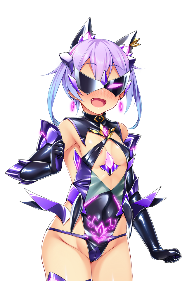 satou kuuki, fujii natsumi (ysphere), soukou seiki ysphere, game cg, large variant set, non-web source, official art, variant set, 1girl, :d, animal ears, black gloves, blue hair, blush, breasts, corruption, covered erect nipples, covered navel, cowboy shot, crown, dark persona, earrings, elbow gloves, evil aqua, fang, gloves, gradient hair, highleg, highleg leotard, jewelry, leotard, looking at viewer, mask, mind control, multicolored hair, open mouth, pubic tattoo, purple hair, shiny clothes, short hair, simple background, small breasts, smile, solo, standing, sunglasses, tattoo, thighhighs, transparent background, twintails