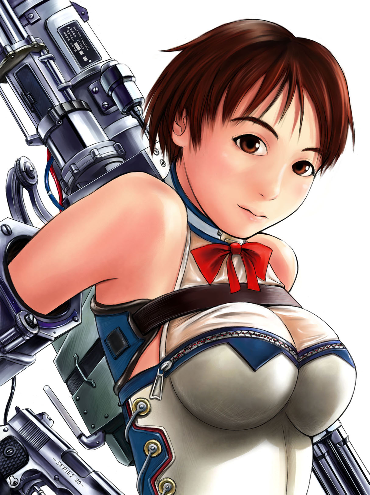 mimura kaoru, original, highres, 1girl, breasts, brown eyes, brown hair, female focus, gun, large breasts, short hair, solo, weapon, zipper