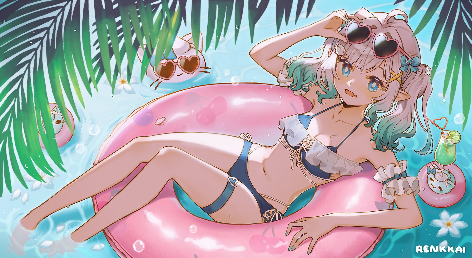 renkkai, mint fantome, wisps (mint fantome), indie virtual youtuber, highres, 1girl, ahoge, artist name, bikini, blue bikini, blue eyes, eyewear on head, fang, flower, ghost hair ornament, gradient hair, green nails, heart, heart-shaped eyewear, multicolored hair, navel, on innertube, pink innertube, pointy ears, skin fang, sunglasses, swimsuit, thigh strap, twintails, virtual youtuber, water, white flower