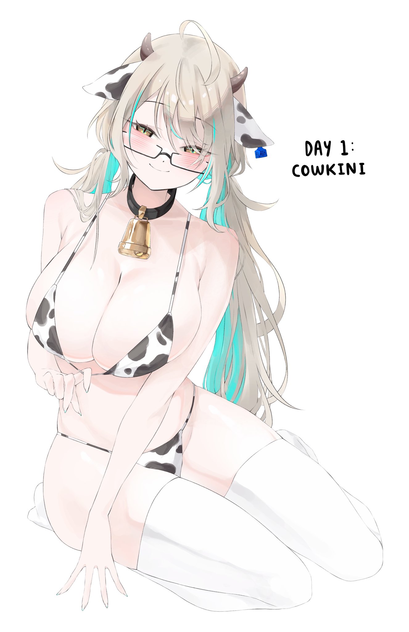 indie virtual youtuber, highres, 1girl, animal ears, animal print, bell, bikini, black-framed eyewear, blair labri, blair labri (artist), breasts, brown hair, closed mouth, cow ears, cow girl, cow horns, cow print, cowbell, ear piercing, full body, green hair, horns, large breasts, looking at viewer, makeup, multicolored hair, neck bell, piercing, semi-rimless eyewear, simple background, sitting, smile, solo, streaked hair, swimsuit, thighhighs, under-rim eyewear, virtual youtuber, white background, white thighhighs, yellow eyes