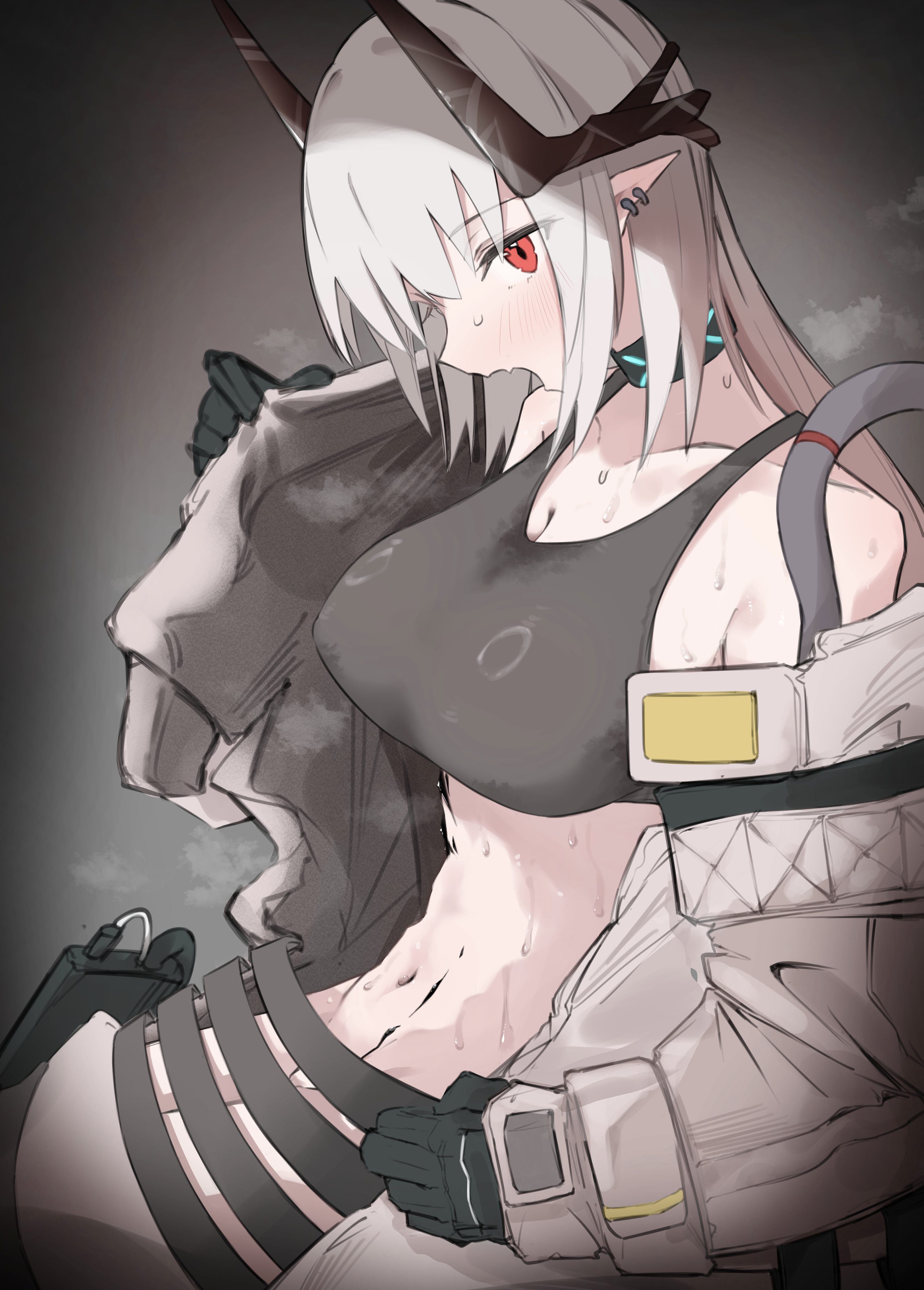 snkaton, infection monitor (arknights), mudrock (arknights), mudrock (elite ii) (arknights), arknights, absurdres, commentary request, highres, 1girl, armpit crease, bare shoulders, black gloves, black horns, black sports bra, blush, breasts, cleavage, collarbone, earrings, gloves, grey hair, groin, hoop earrings, horns, jewelry, jumpsuit, large breasts, long hair, looking at viewer, material growth, navel, no panties, open jumpsuit, open mouth, oripathy lesion (arknights), pointy ears, red eyes, solo, sports bra, stained clothes, steaming body, stomach, sweat, sweat stain, sweatdrop, undressing, very sweaty, white jumpsuit