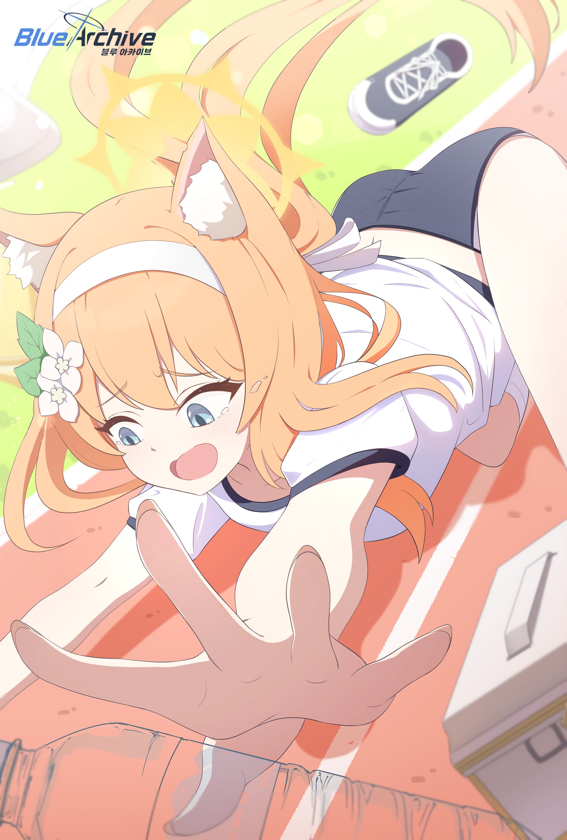 creammilk tea, mari (blue archive), mari (track) (blue archive), blue archive, absurdres, highres, animal ears, blue eyes, blue shorts, cat ears, flower, hair flower, hair ornament, halo, looking at viewer, official alternate costume, official alternate hairstyle, orange hair, ponytail, shirt, short shorts, shorts, thighs, white shirt, yellow halo