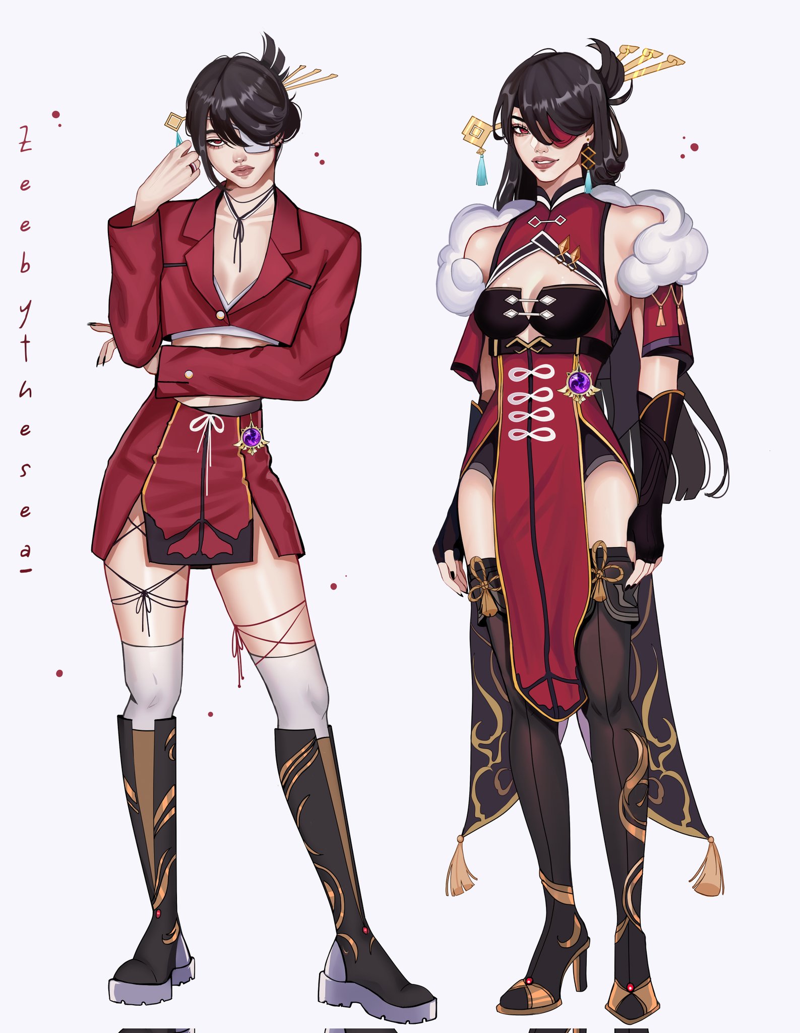 zeebythesea, beidou (genshin impact), genshin impact, highres, 1girl, alternate costume, alternate hairstyle, artist name, asian, black gloves, black nails, blazer, boots, breasts, brown boots, brown hair, china dress, chinese clothes, chinese hairpin, cleavage, cleavage cutout, closed mouth, clothing cutout, cord choker, crop top, cropped jacket, dress, earrings, elbow on arm, eyelashes, eyepatch, fingerless gloves, fingernails, folded hair, front slit, full body, fur trim, gem, gloves, gold trim, hair ornament, hair over one eye, hair stick, half-closed eyes, high heel boots, high heels, jacket, jewelry, knee boots, long fingernails, long hair, looking at viewer, mandarin collar, multiple views, pelvic curtain, red dress, red eyes, red jacket, red skirt, single earring, skirt, smile, standing, thick lips, thigh boots, thighhighs, underboob cutout, white background, white thighhighs