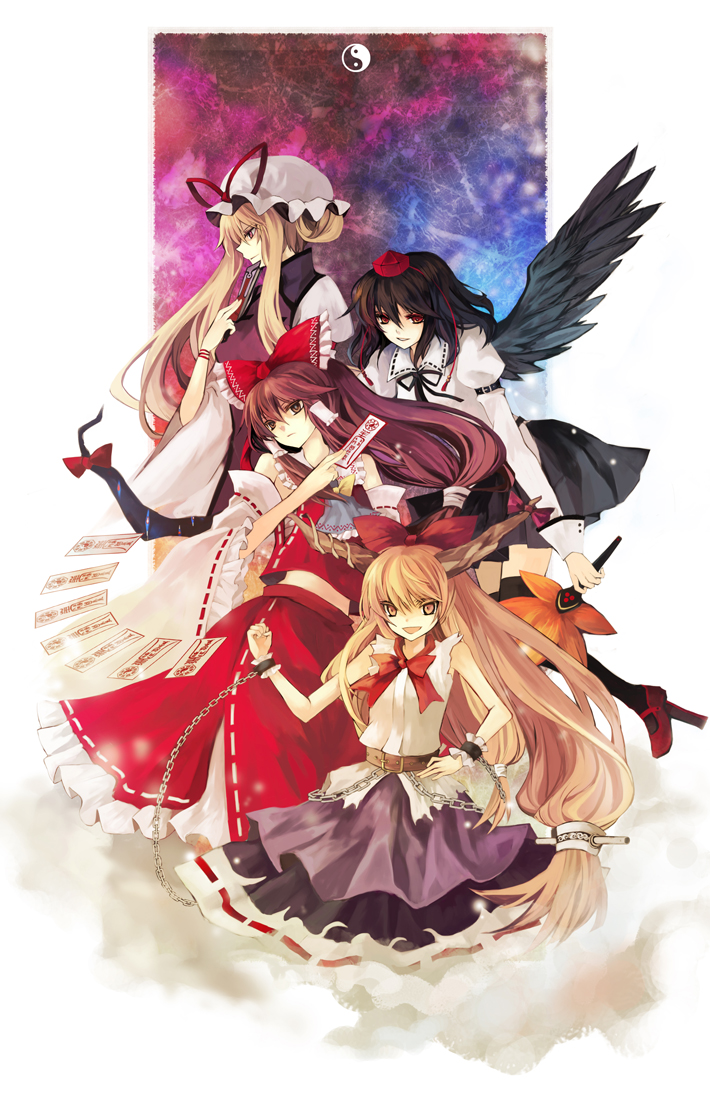 hina (pico), hina (pixiv), hakurei reimu, ibuki suika, shameimaru aya, yakumo yukari, touhou, 4girls, black wings, female focus, gap (touhou), geta, horns, multiple girls, ofuda, tengu-geta, wings